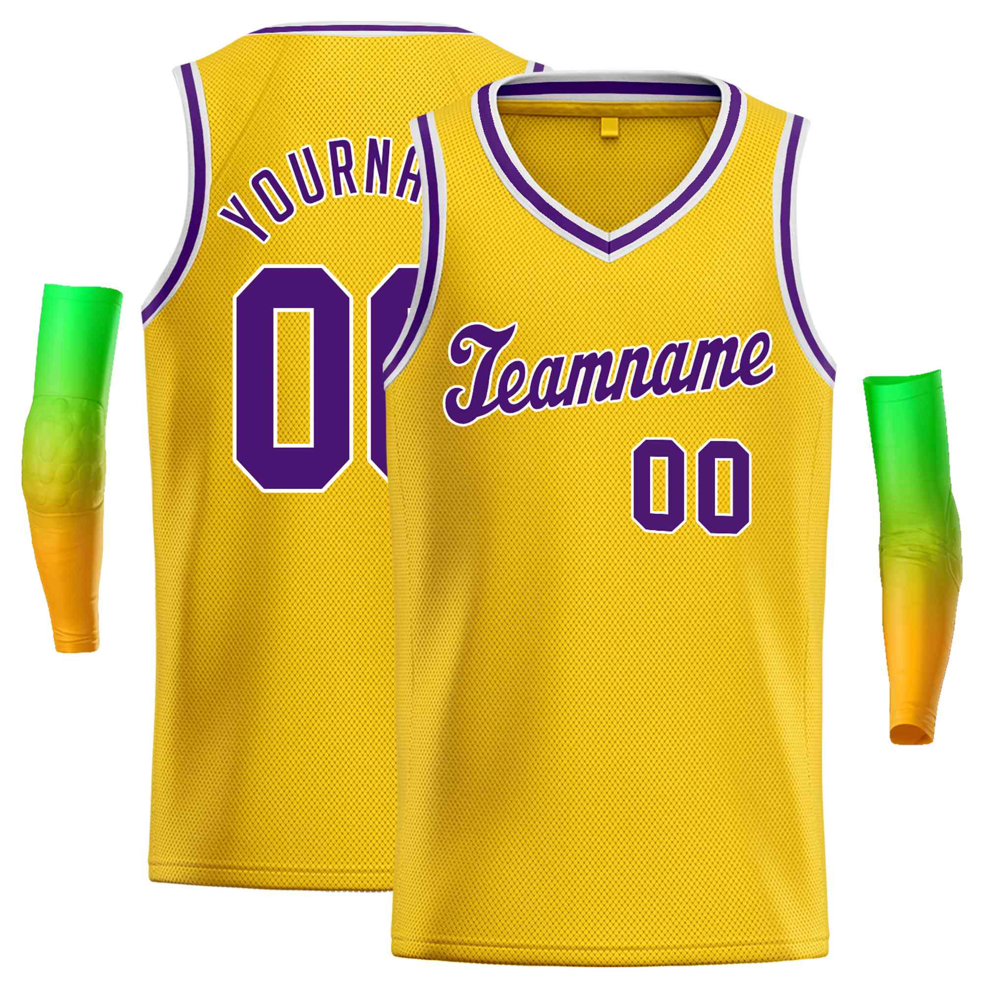 Custom Yellow White-Purple Round Neck Rib-Knit Basketball Jersey