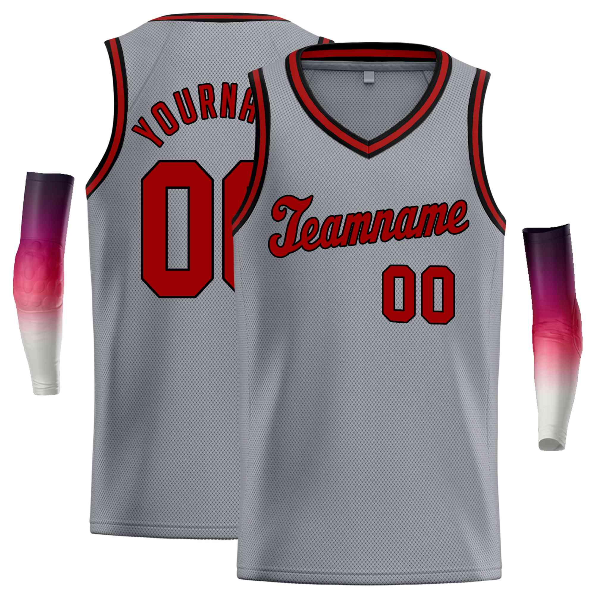 Custom Gray Black-Red Round Neck Rib-Knit Basketball Jersey