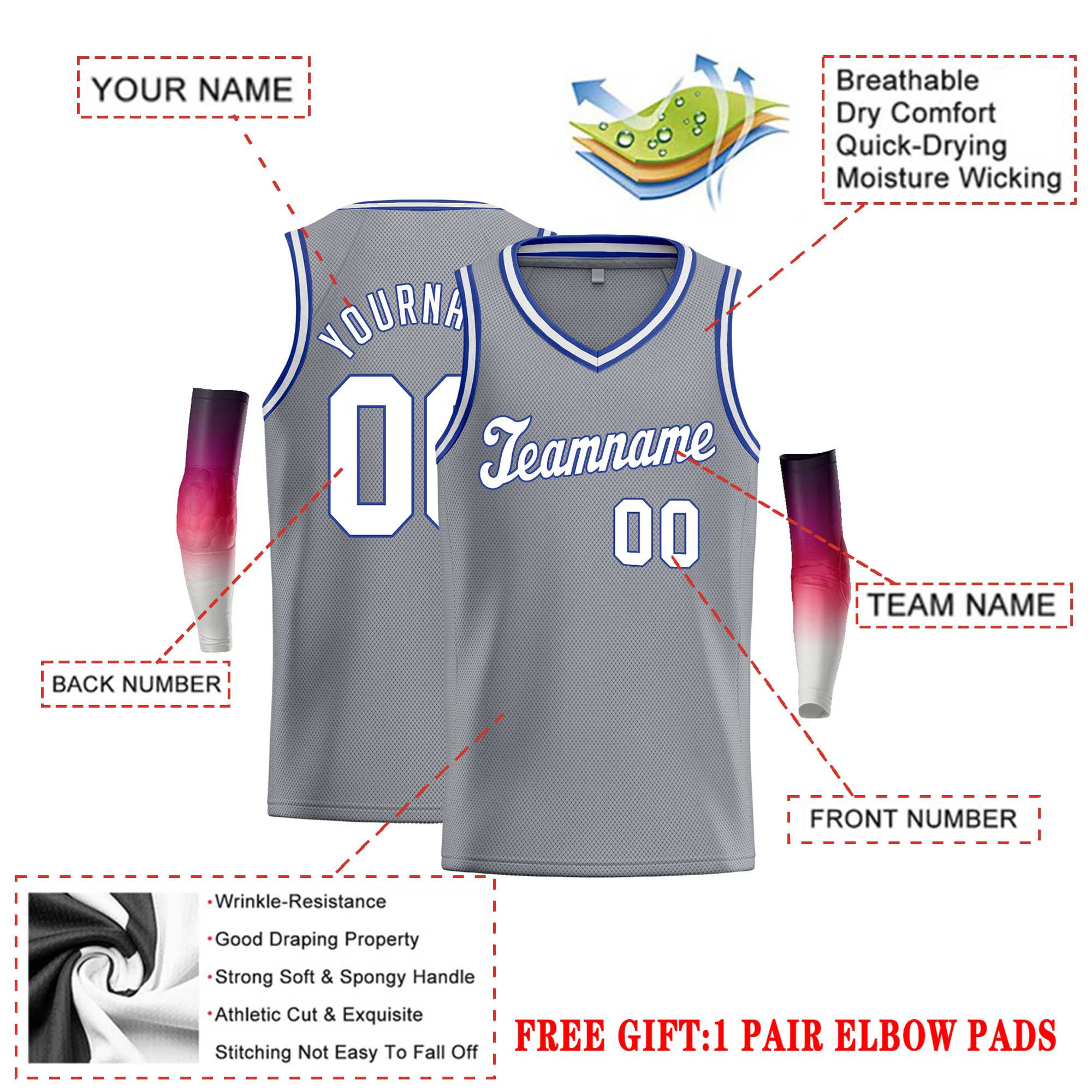 Custom Gray Royal-1 White Round Neck Rib-Knit Basketball Jersey