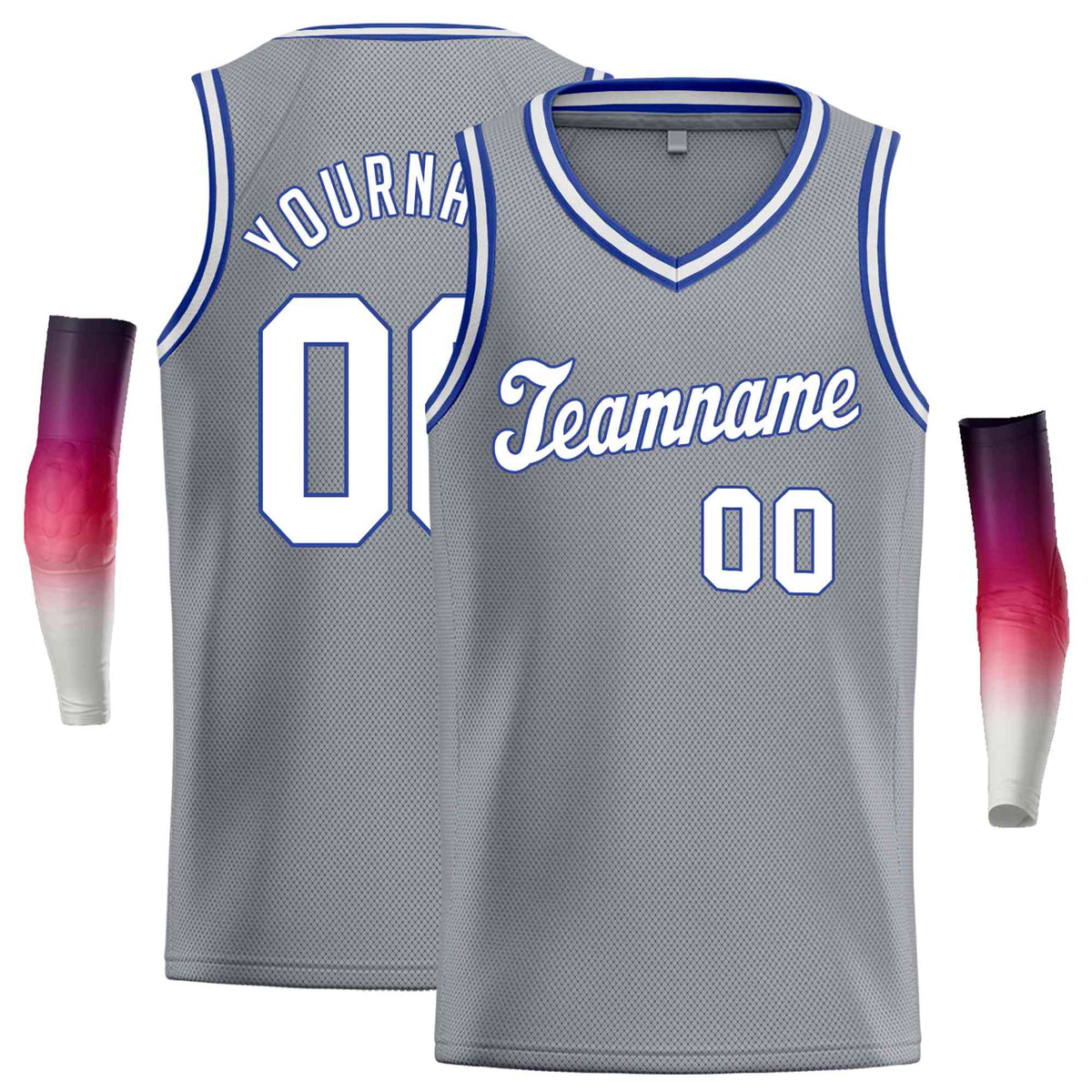 Custom Gray Royal-1 White Round Neck Rib-Knit Basketball Jersey