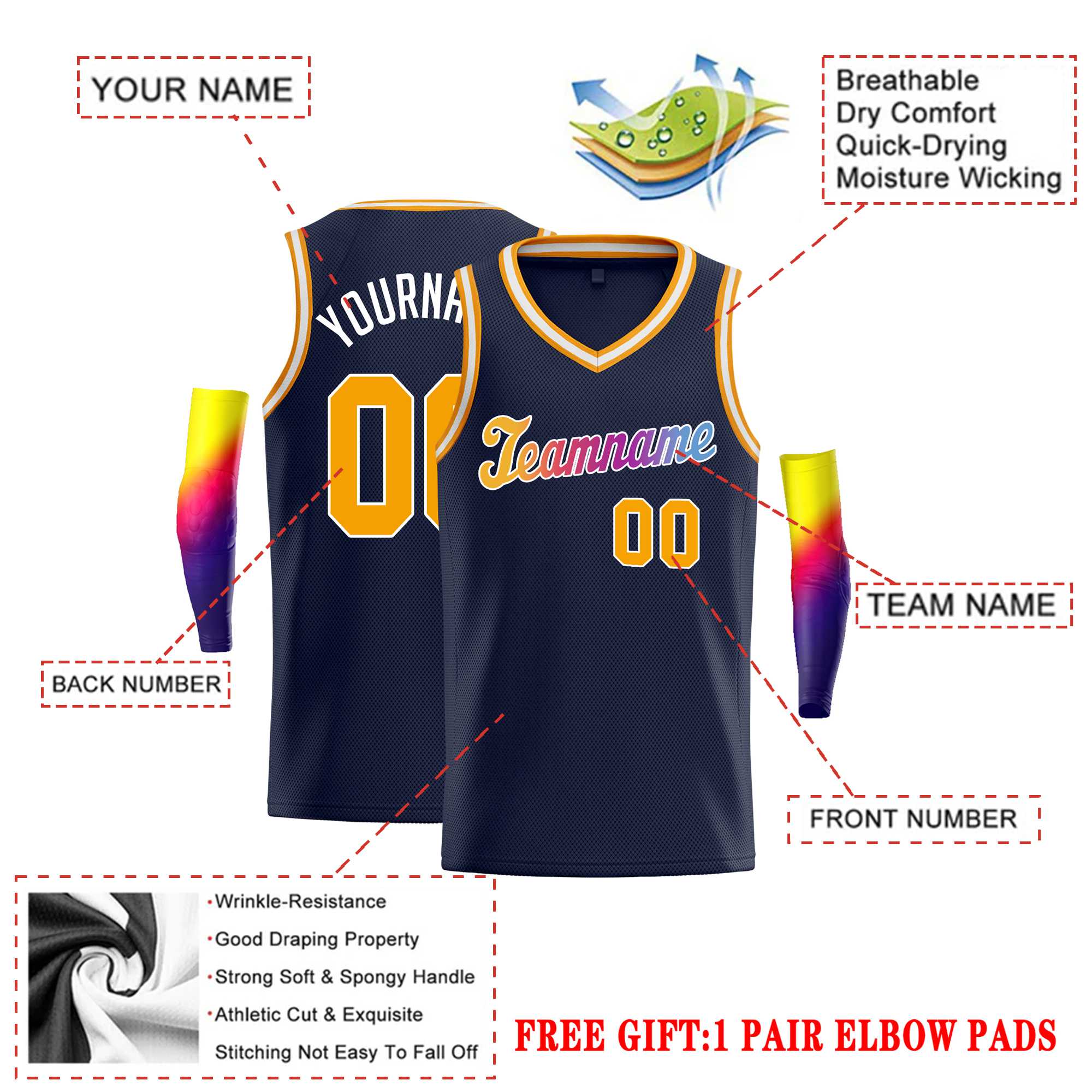 Custom Navy White Yellow Round Neck Rib-Knit Basketball Jersey