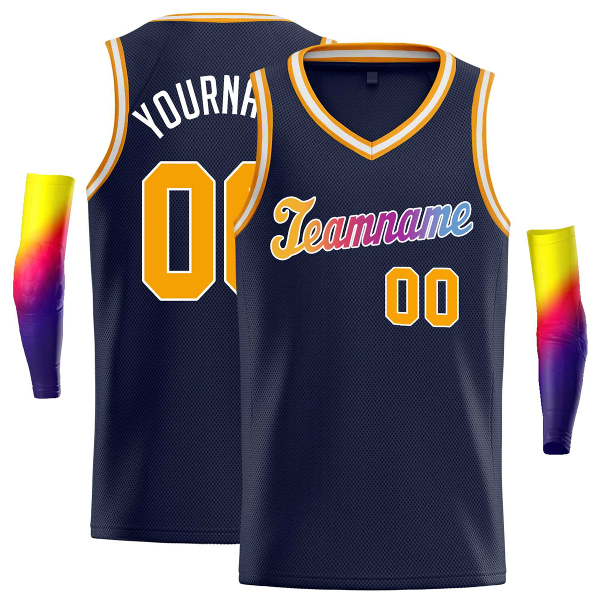 Custom Navy White Yellow Round Neck Rib-Knit Basketball Jersey