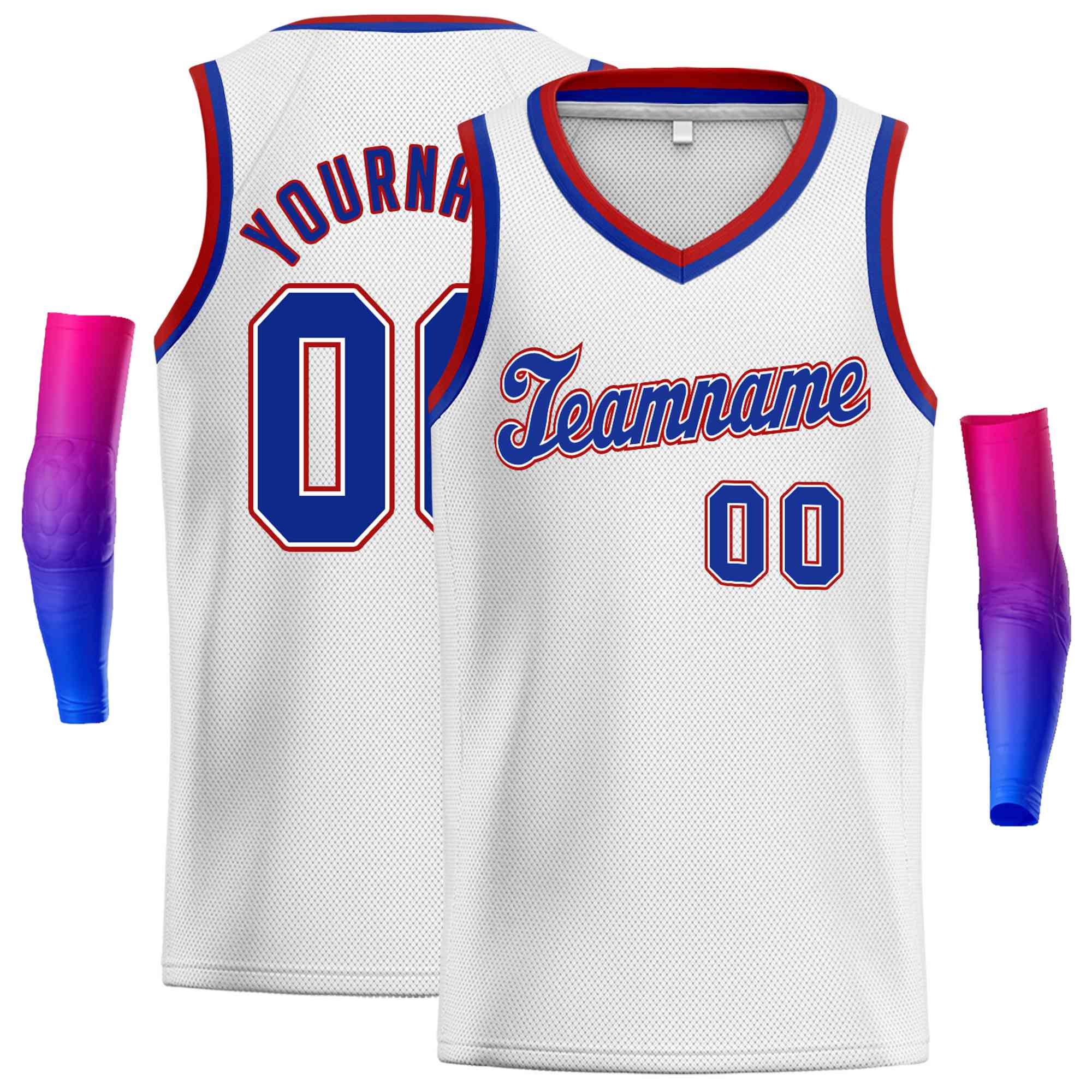 Custom White Red-Royal-1 Round Neck Rib-Knit Basketball Jersey