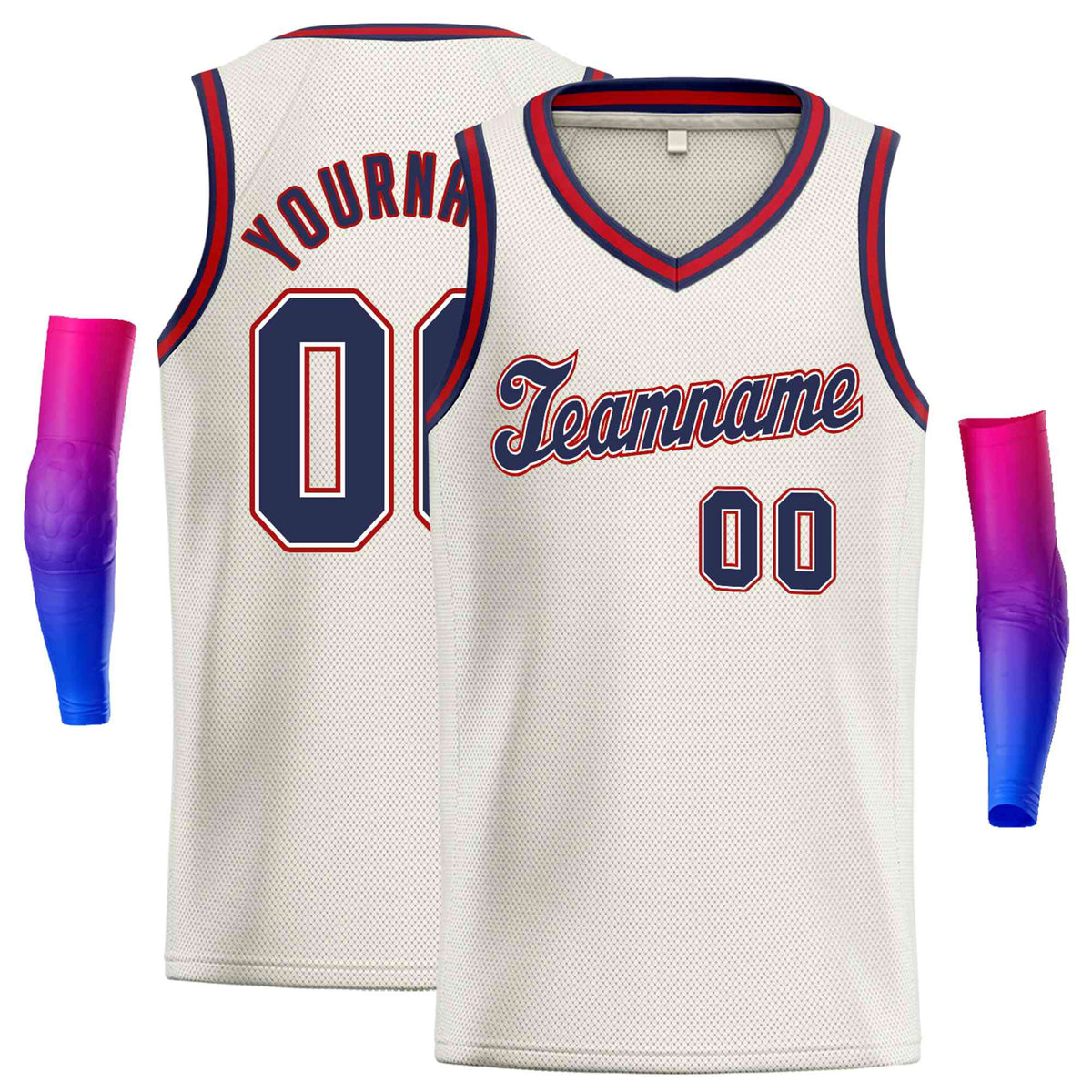 Custom Cream Navy-Red Round Neck Rib-Knit Basketball Jersey