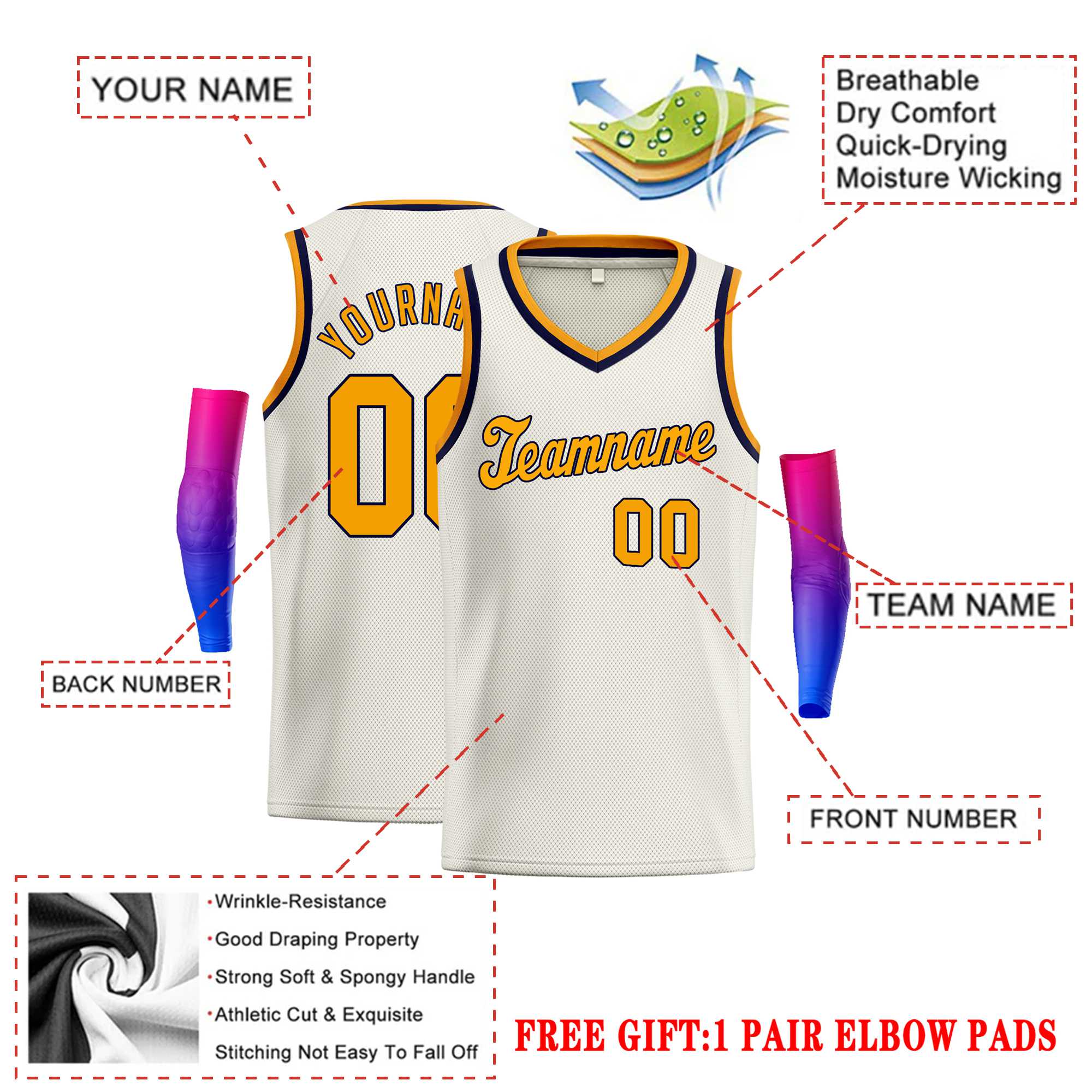 Custom Cream Yellow-Navy Round Neck Rib-Knit Basketball Jersey