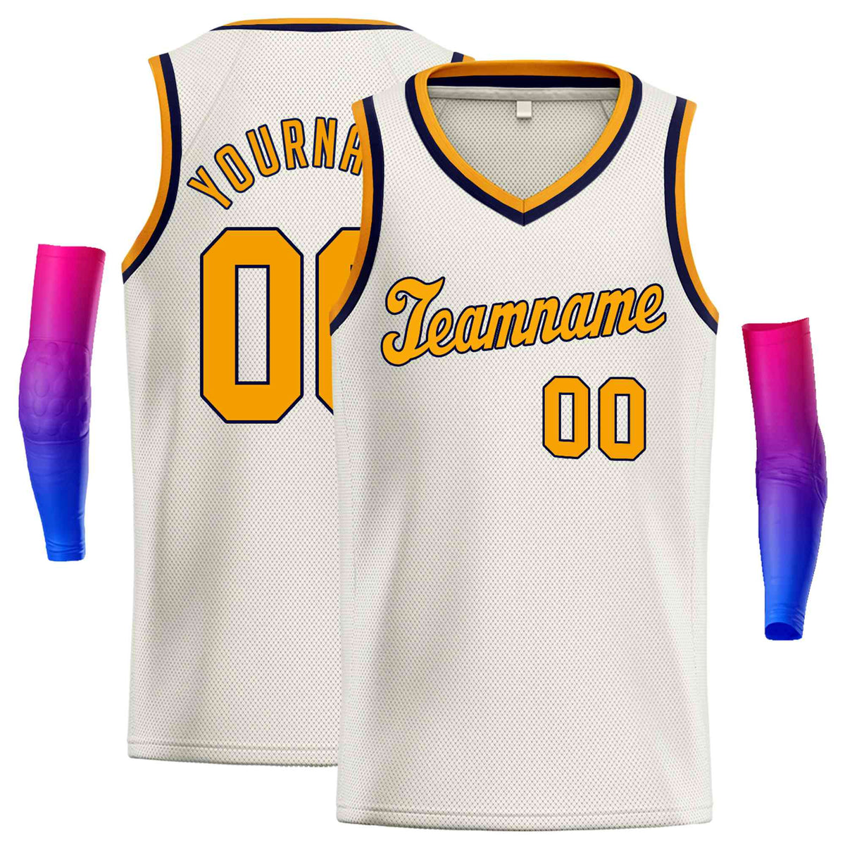 Custom Cream Yellow-Navy Round Neck Rib-Knit Basketball Jersey