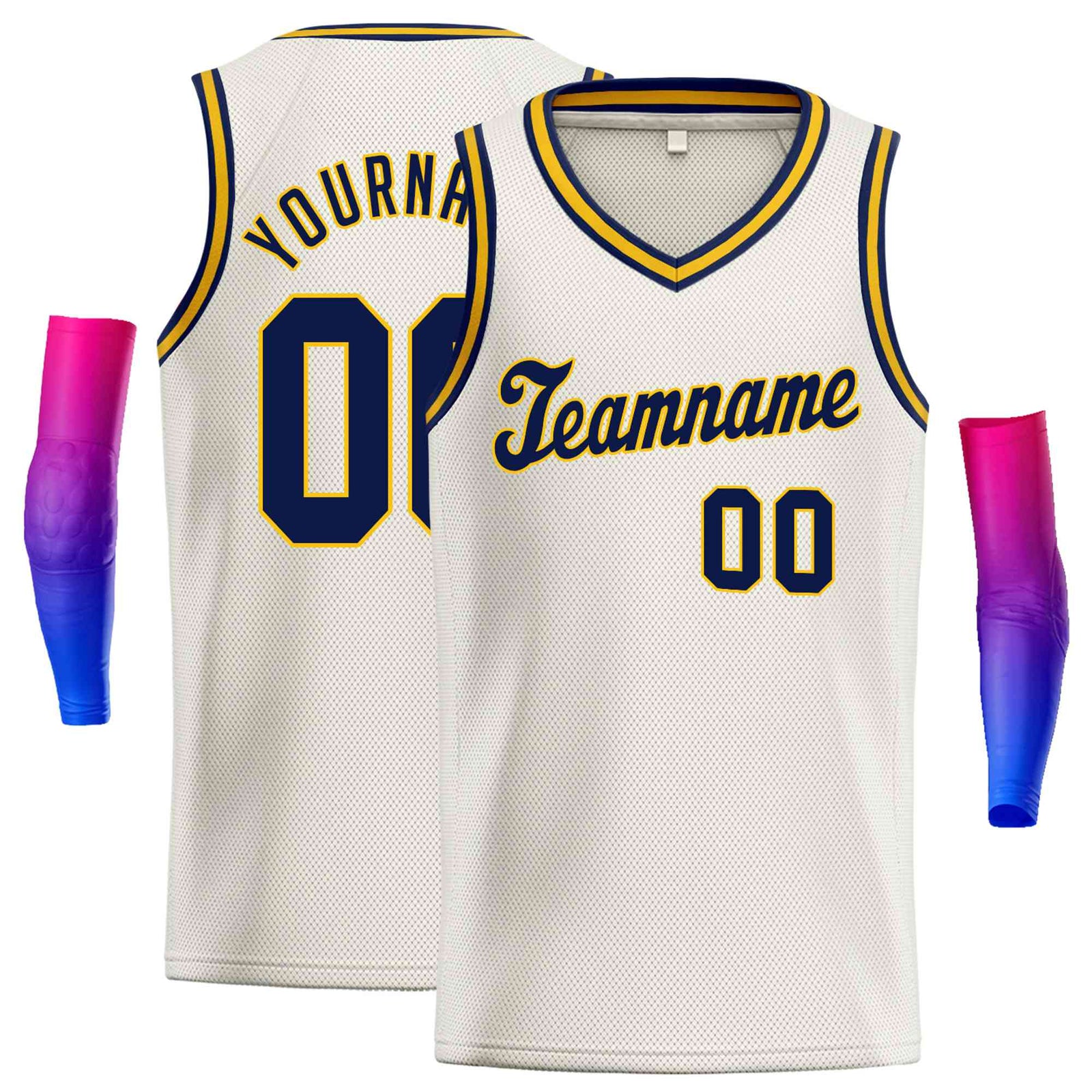 Custom Cream Navy-Yellow Round Neck Rib-Knit Basketball Jersey