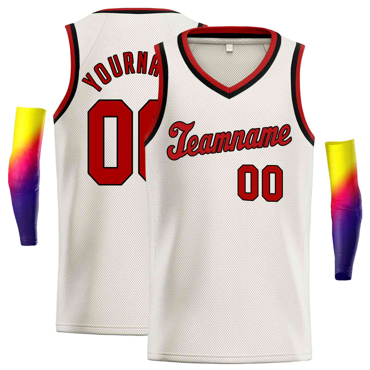 Custom Cream Red-Black Round Neck Rib-Knit Basketball Jersey