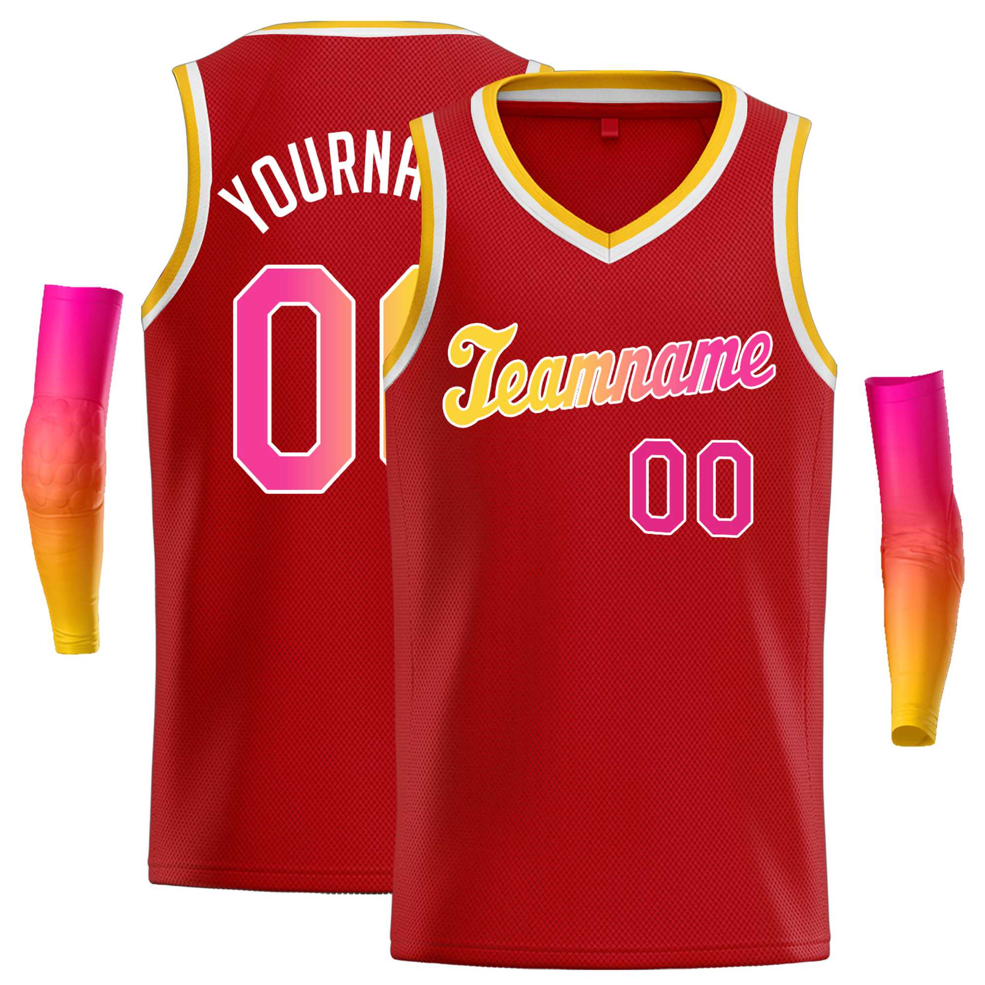 Custom Red Yellow-White Round Neck Rib-Knit Basketball Jersey