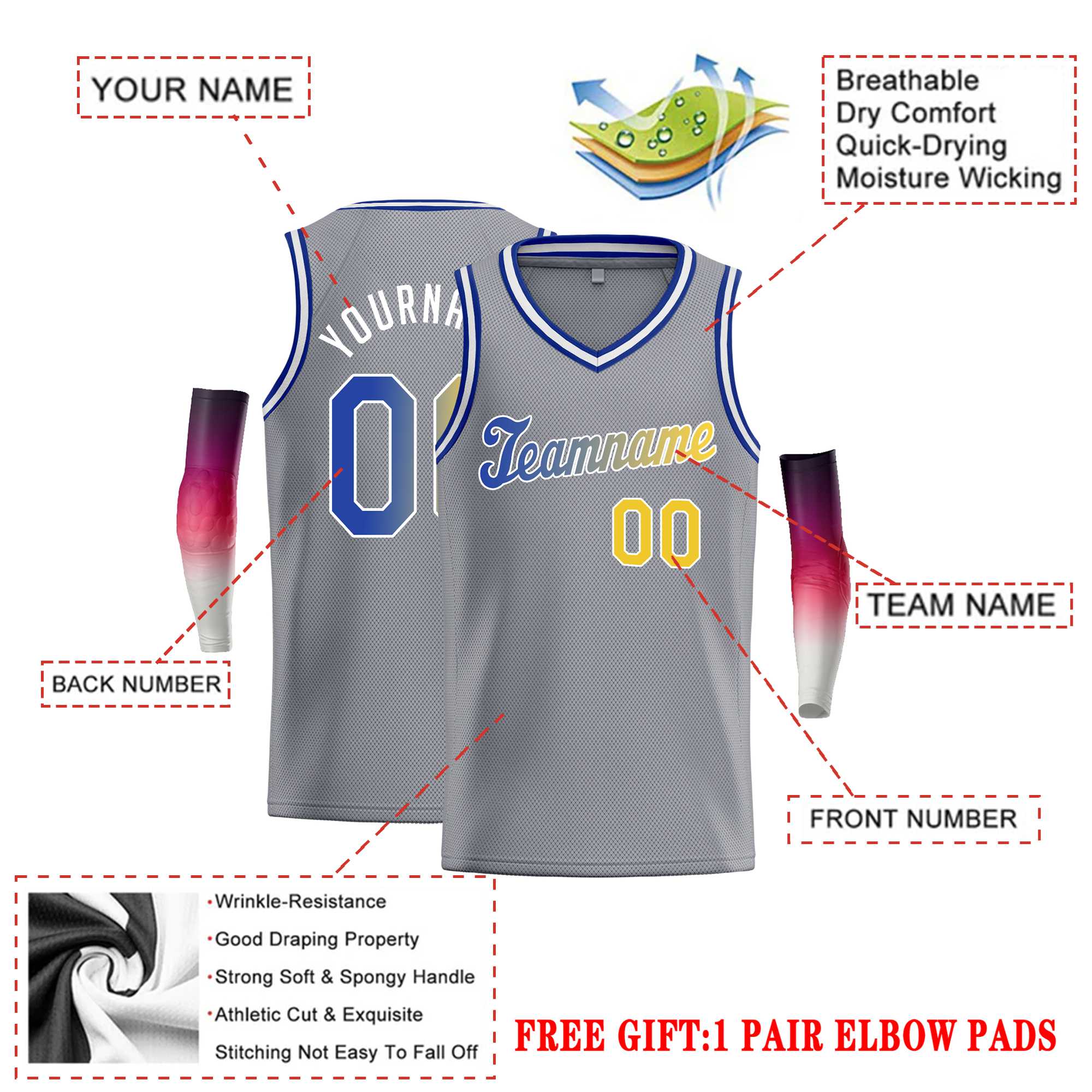 Custom Gray Royal-1 White Round Neck Rib-Knit Basketball Jersey