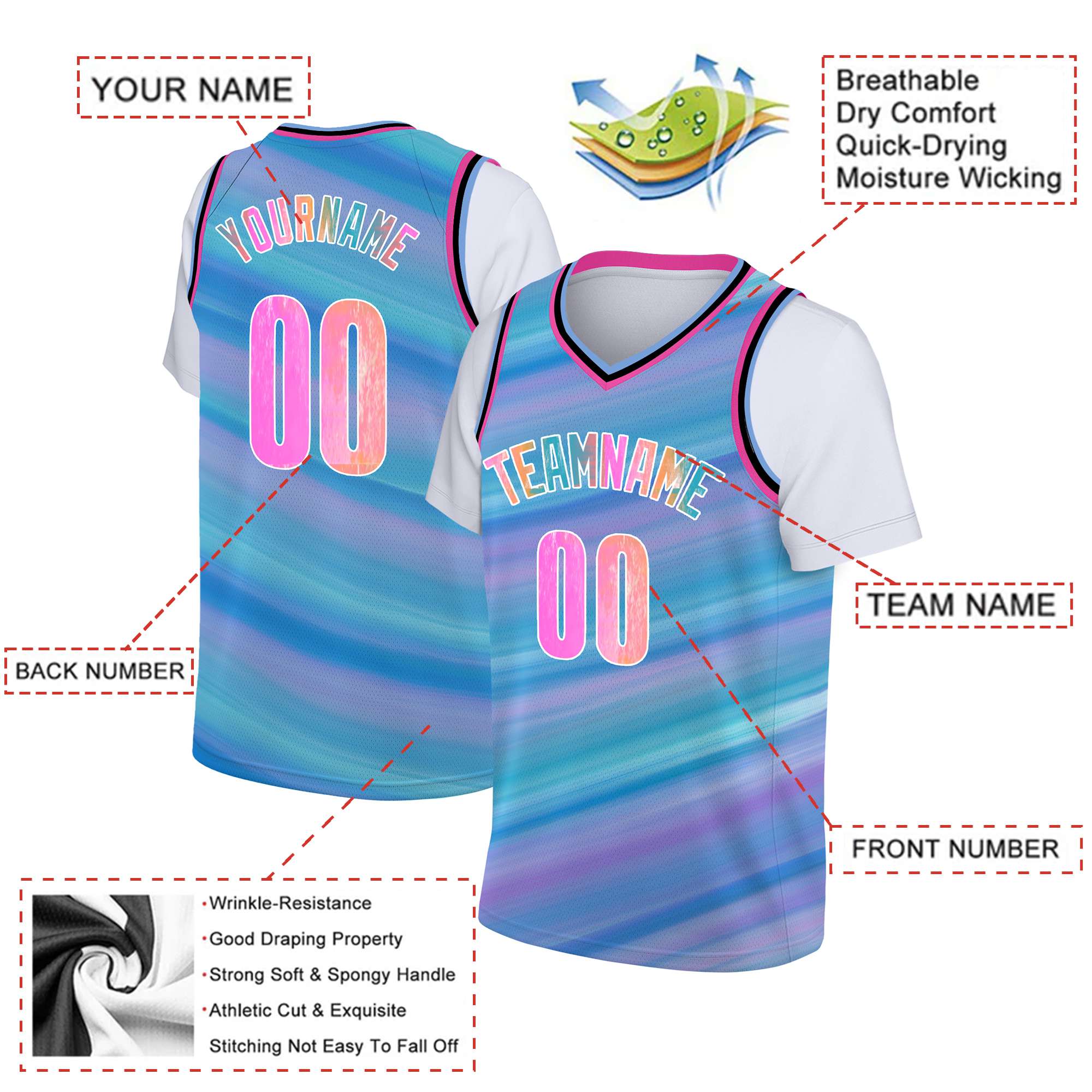 Custom Blue Pink-Purple Gradient Fashion Tops Basketball Jersey