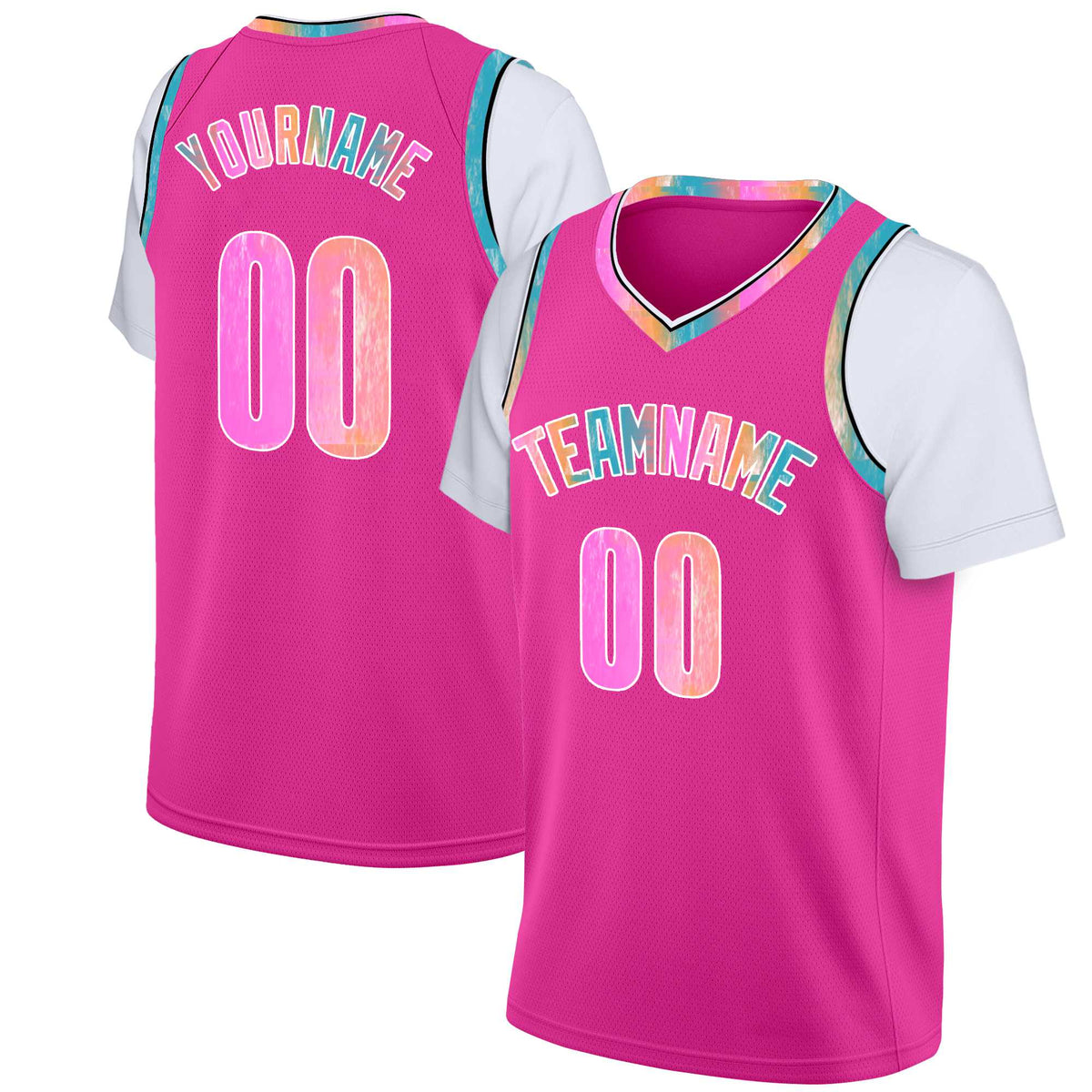 Custom Pink Aqua Classic Tops Casual Fake Sleeve Basketball Jersey