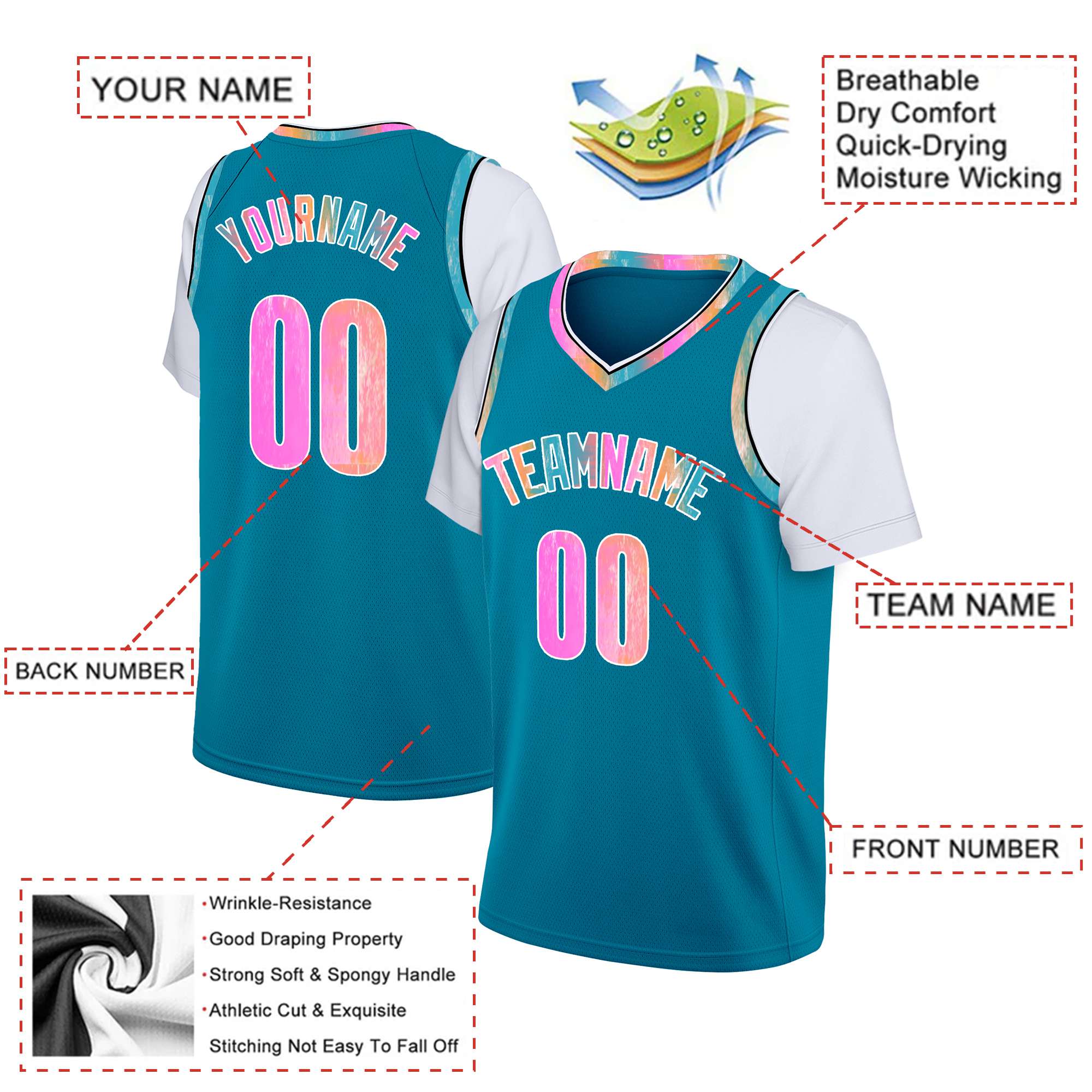 Custom Aqua Pink Classic Tops Casual Fake Sleeve Basketball Jersey