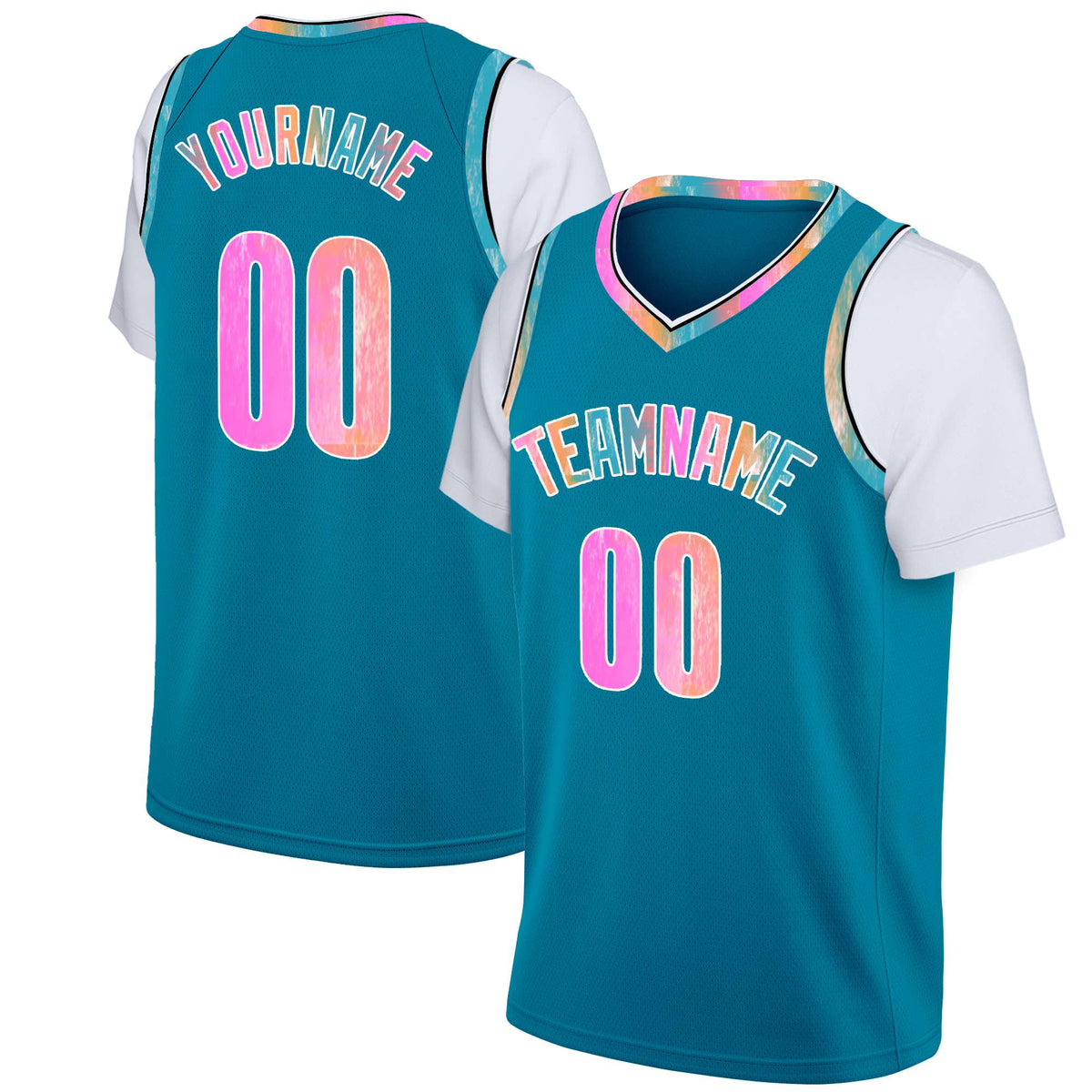 Custom Aqua Pink Classic Tops Casual Fake Sleeve Basketball Jersey