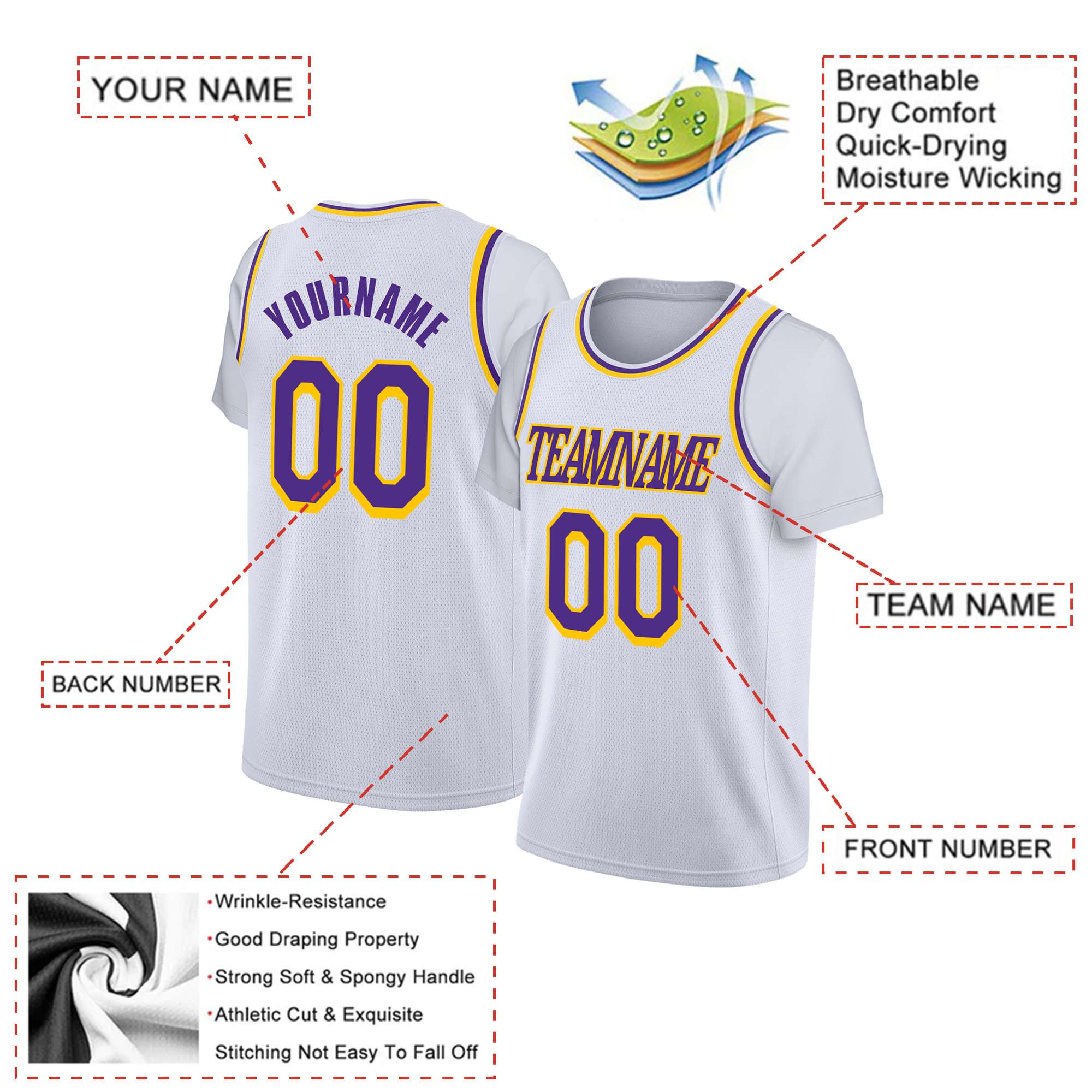 Custom White Purple Gold-2 Classic Tops Basketball Jersey