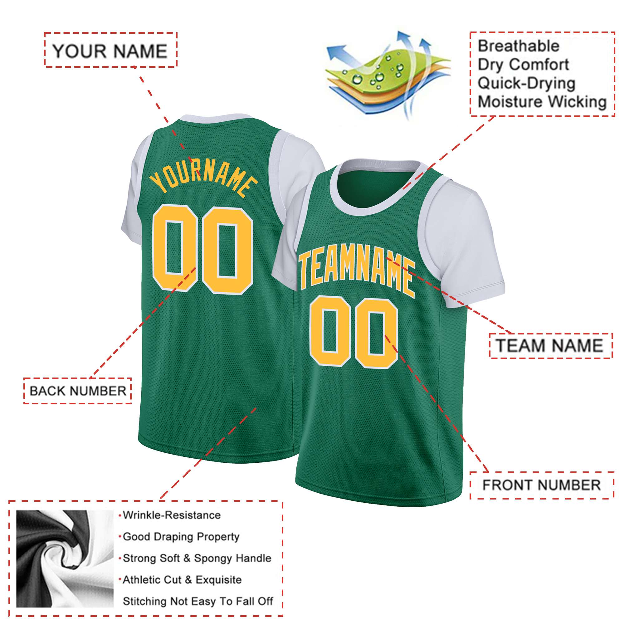 Custom Kelly Green Gold-2 White Classic Tops Basketball Jersey