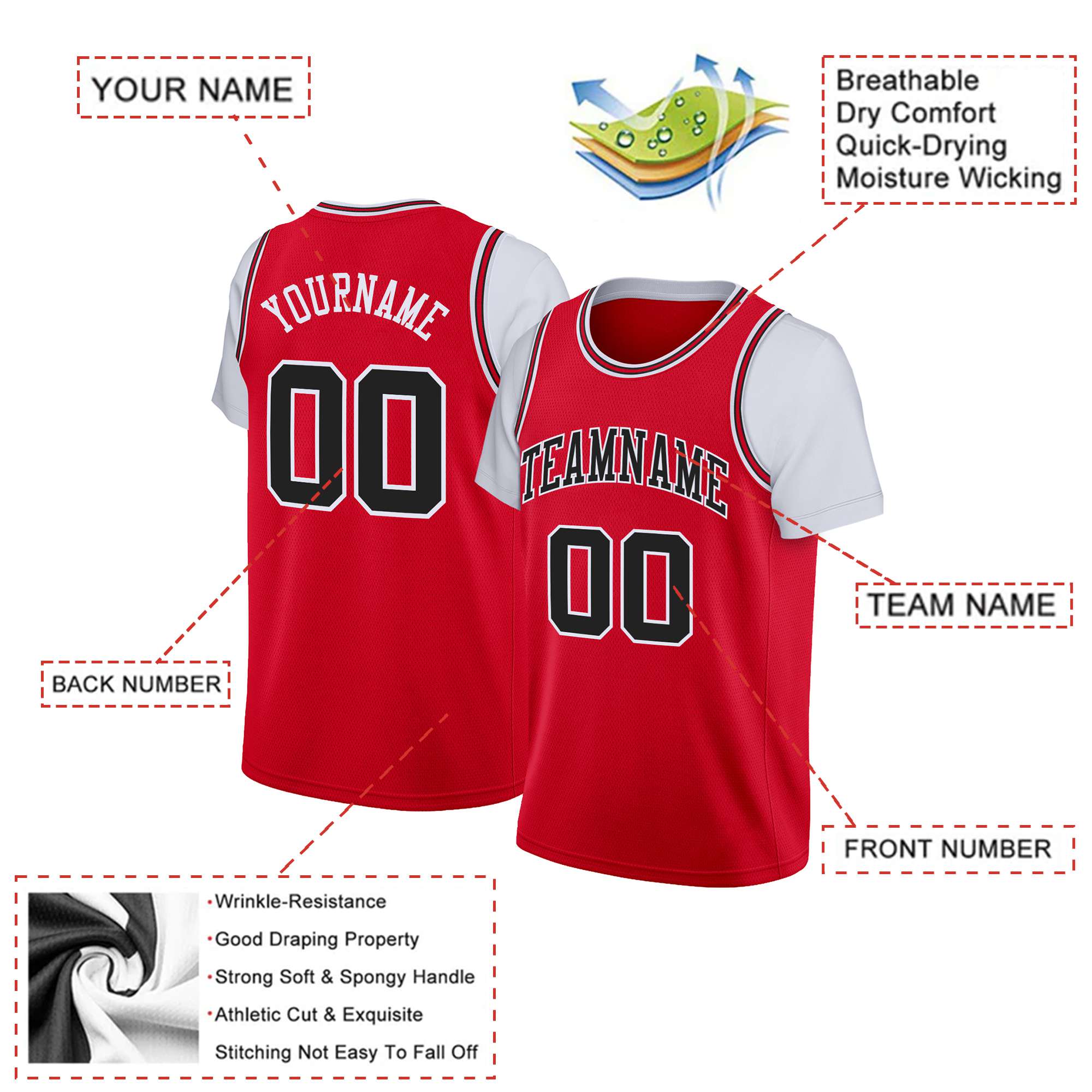 Custom Red Black-White Classic Tops Basketball Jersey