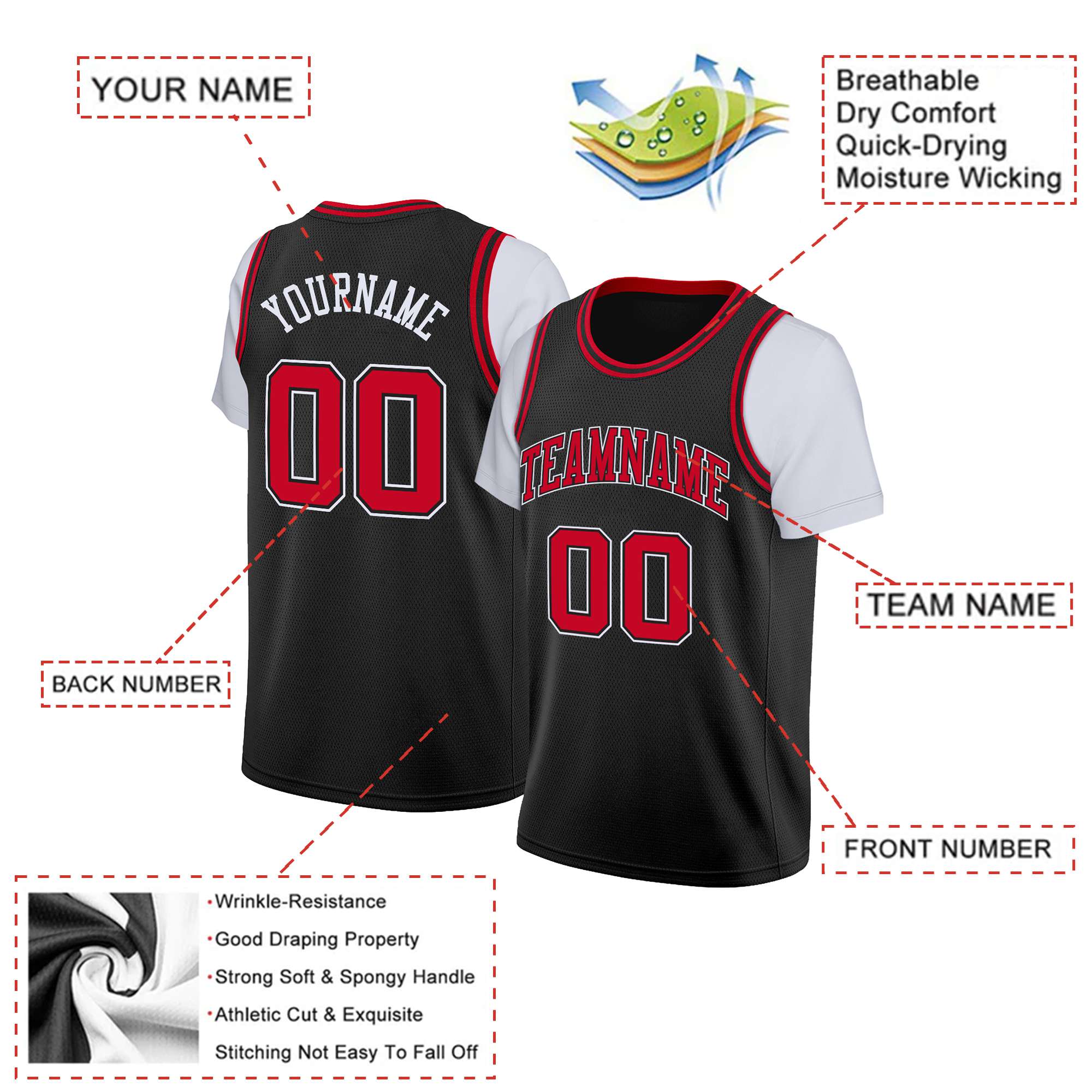 Custom Black Red-White Classic Tops Basketball Jersey