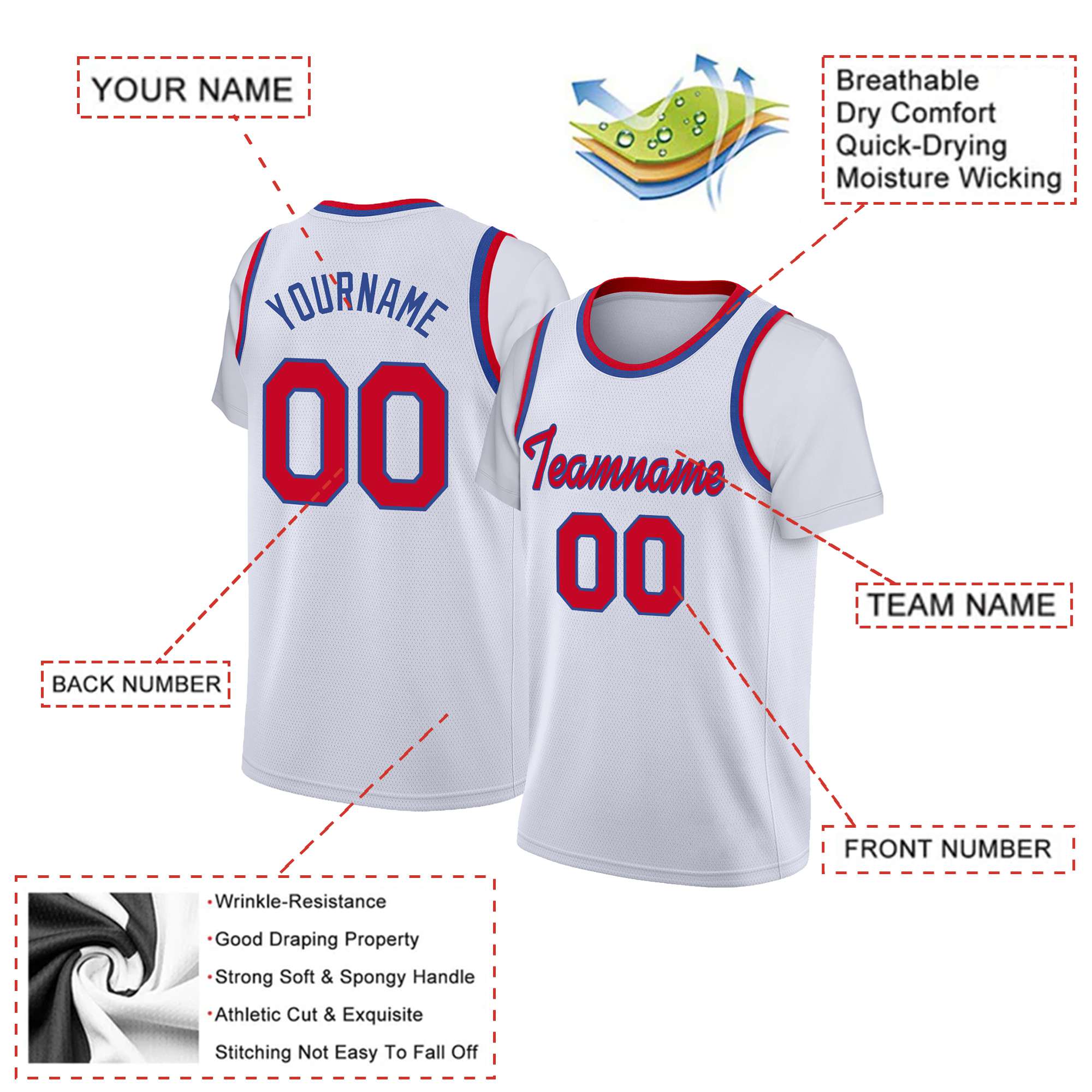 Custom White Red-Blue Classic Tops Basketball Jersey