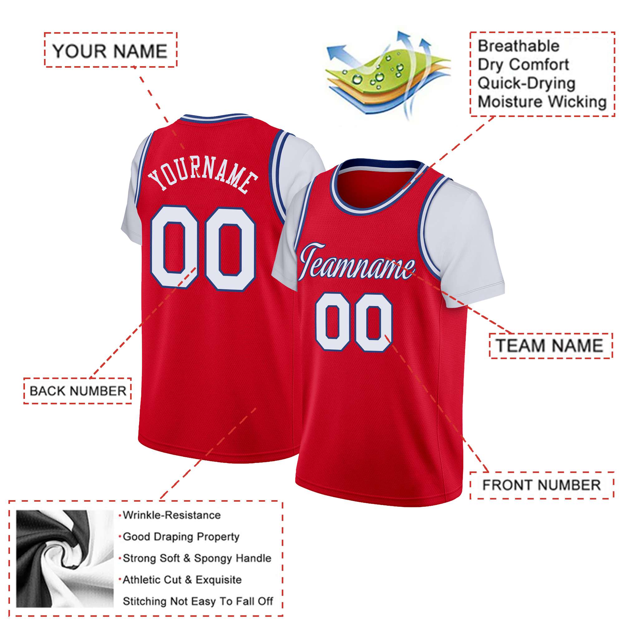 Custom Red White-Blue Classic Tops Basketball Jersey