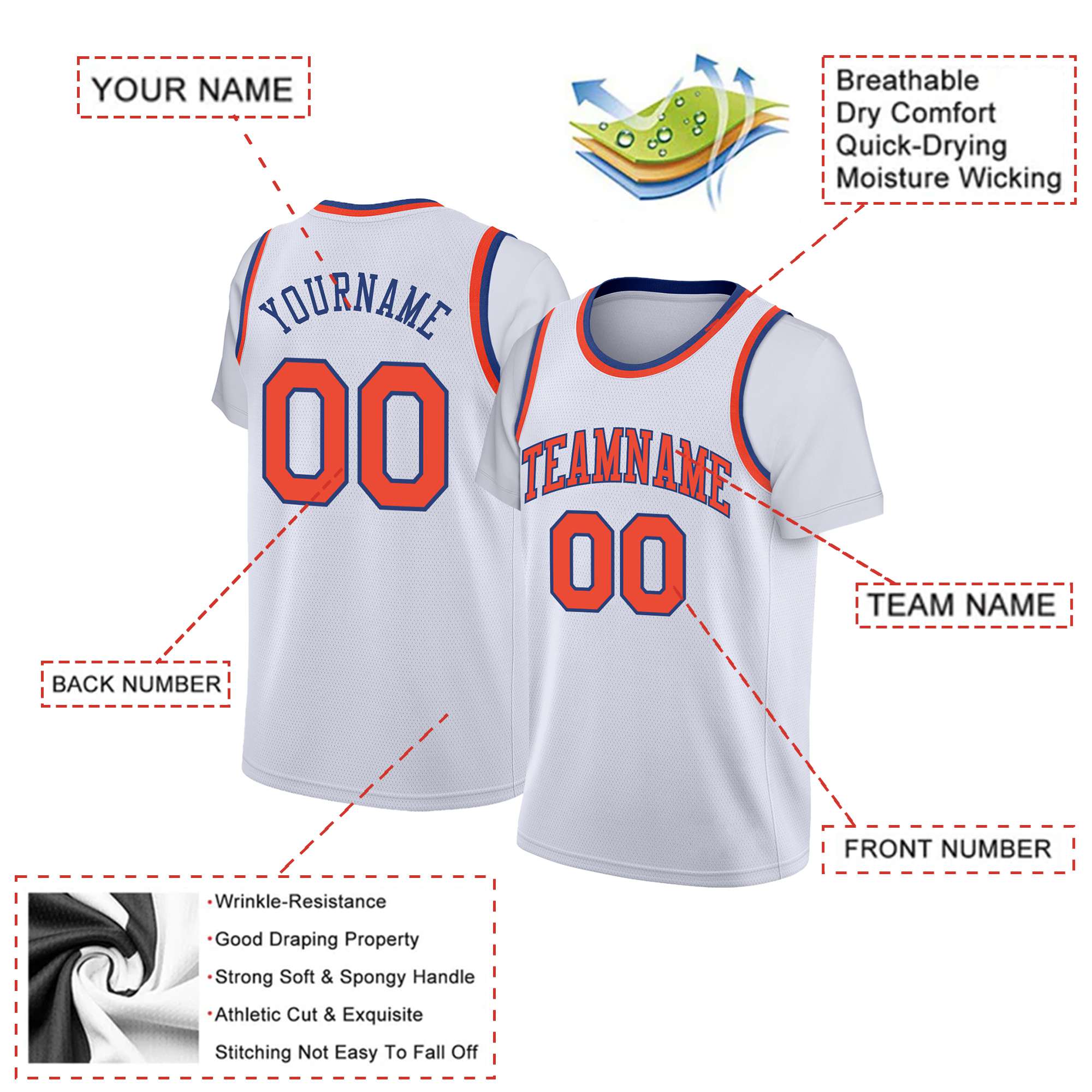 Custom White Orange-Blue Classic Tops Basketball Jersey