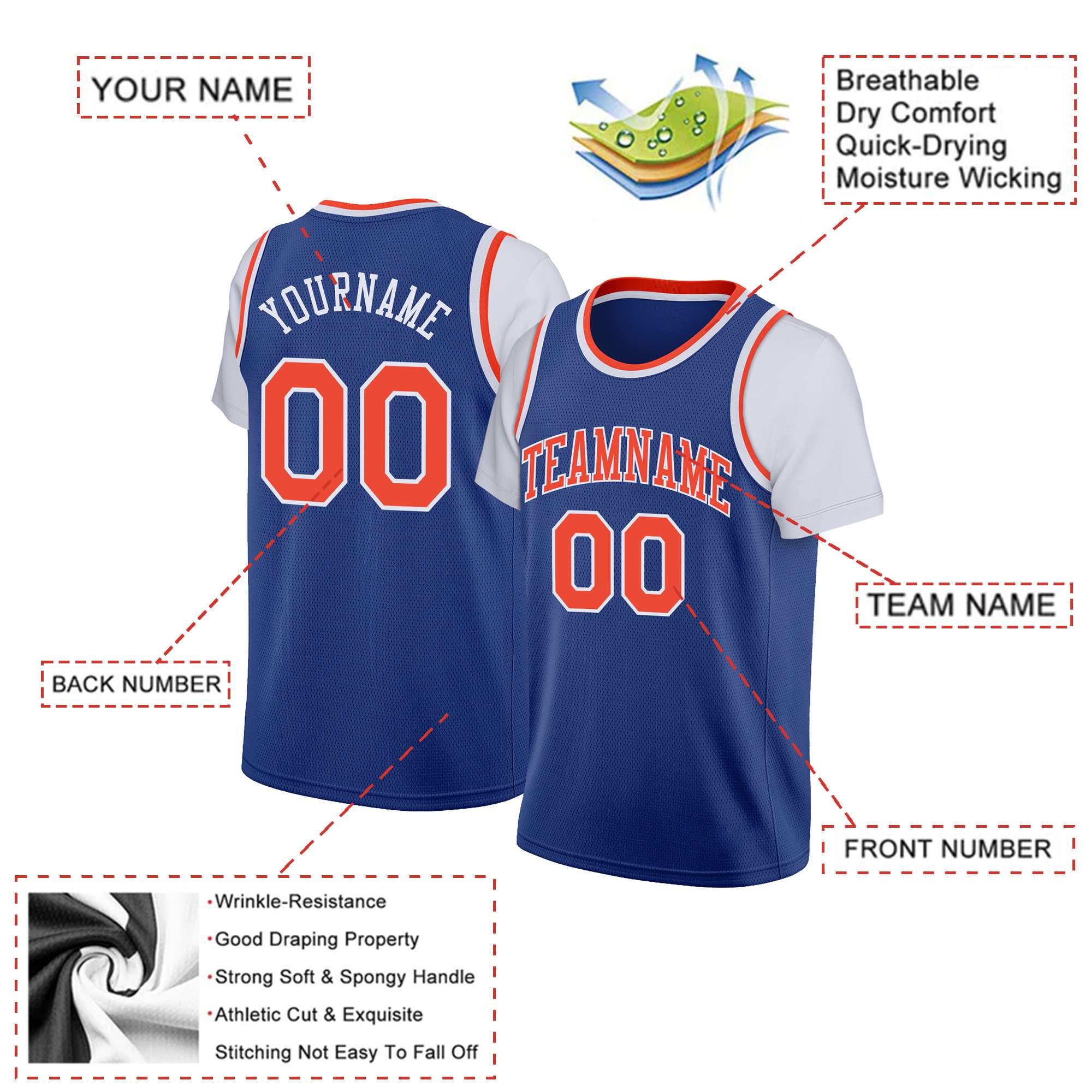 Custom Blue Orange-White Classic Tops Basketball Jersey