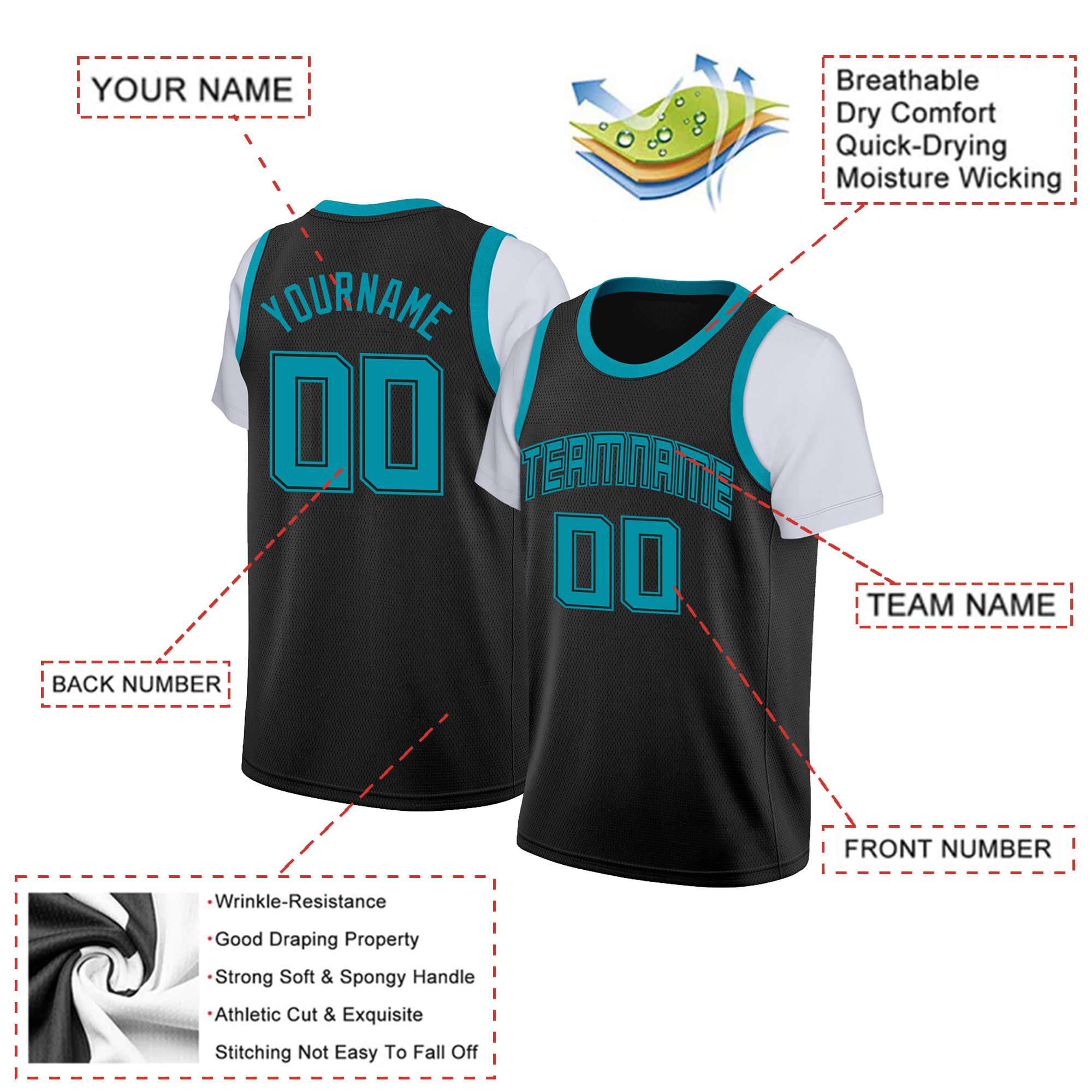 Custom Black Teal Classic Tops Basketball Jersey