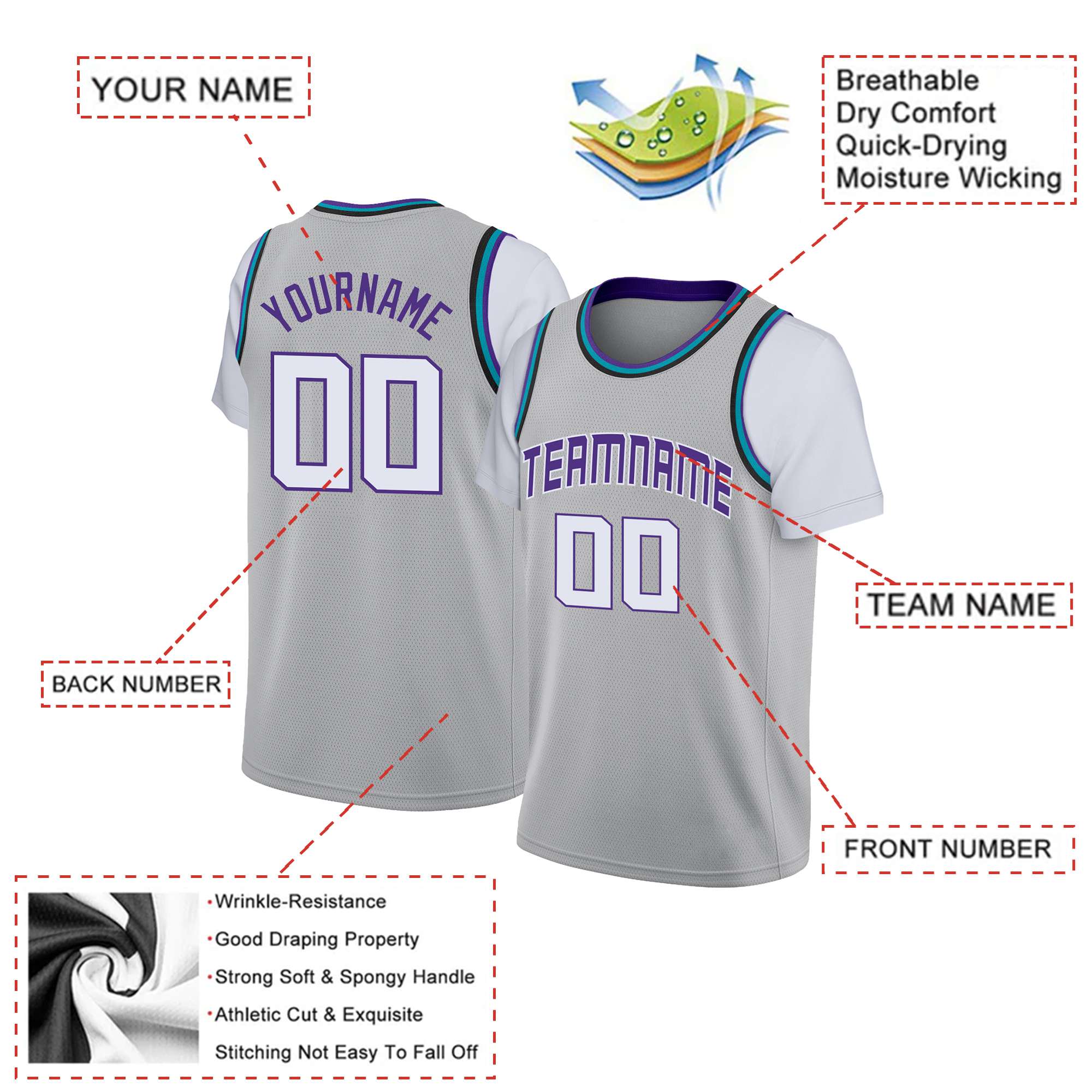 Custom Gray White-Purple Classic Tops Basketball Jersey