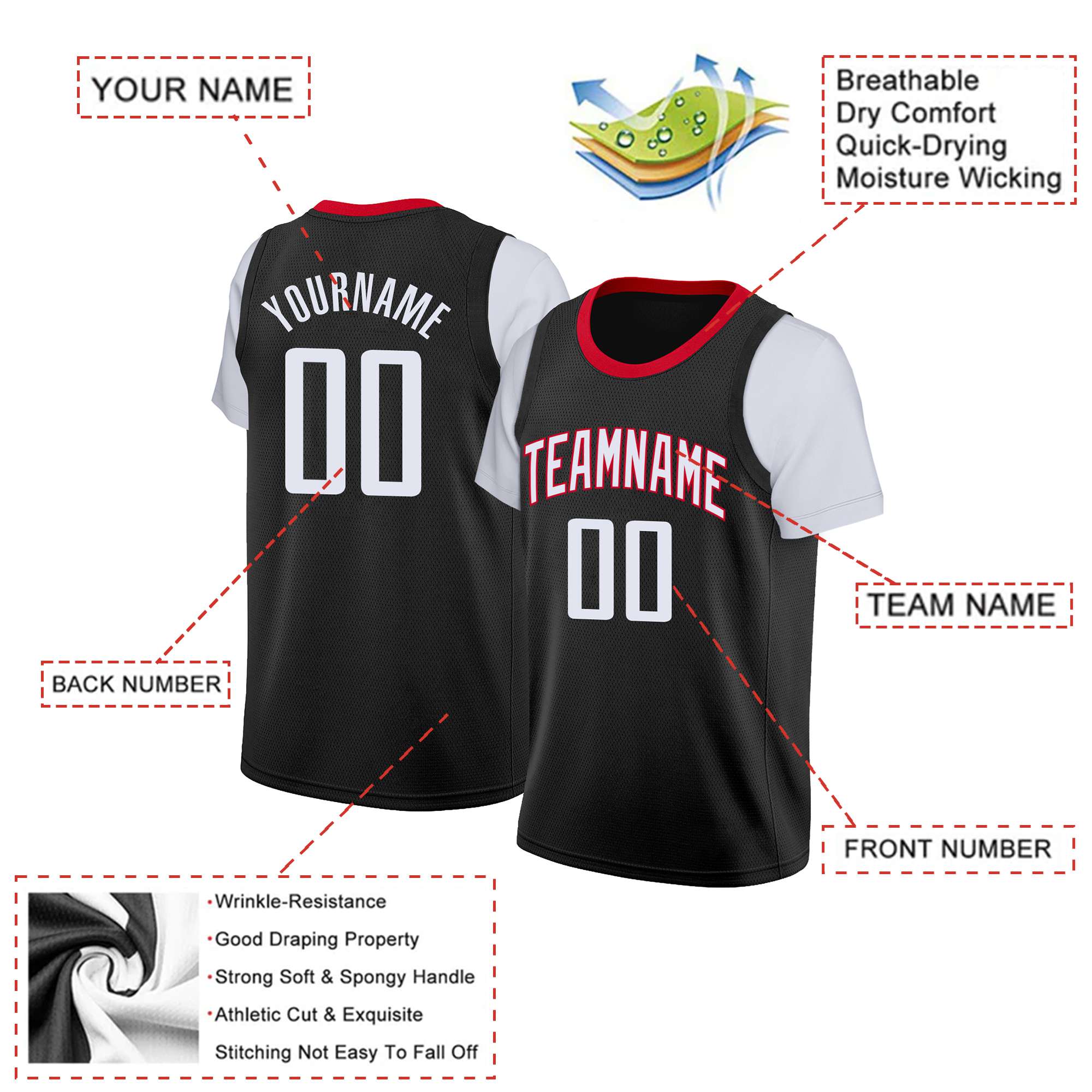 Custom Black White-Red Classic Tops Basketball Jersey