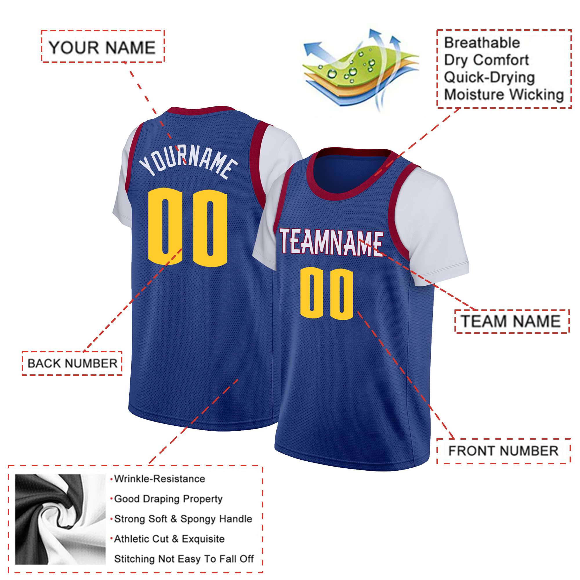 Custom Blue Gold-2 Classic Tops Basketball Jersey