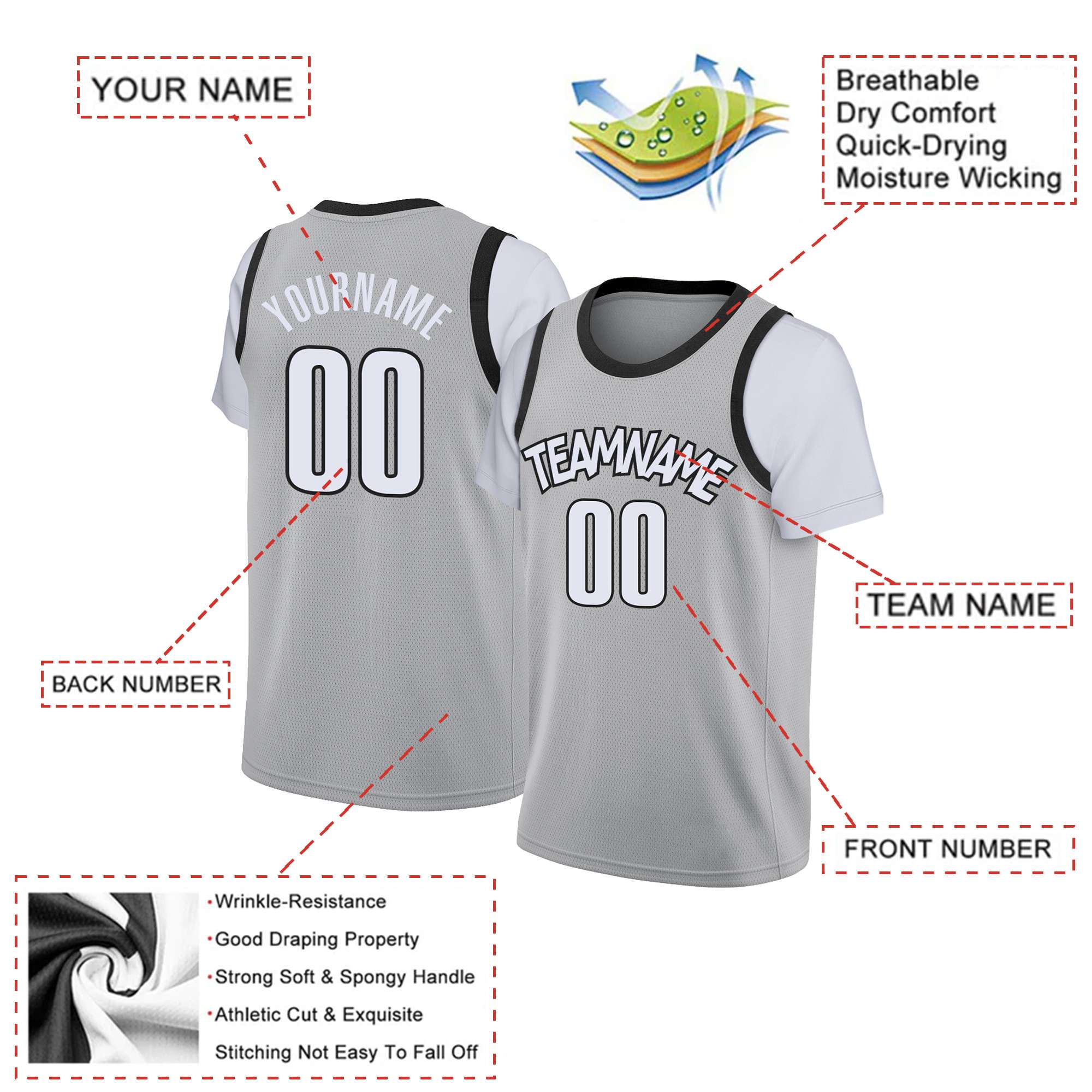 Custom Gray White-Black Classic Tops Basketball Jersey