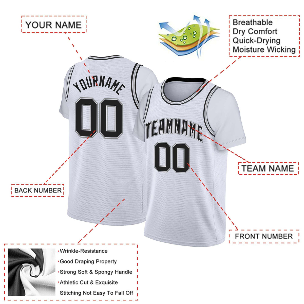 Custom White Black Classic Tops Basketball Jersey