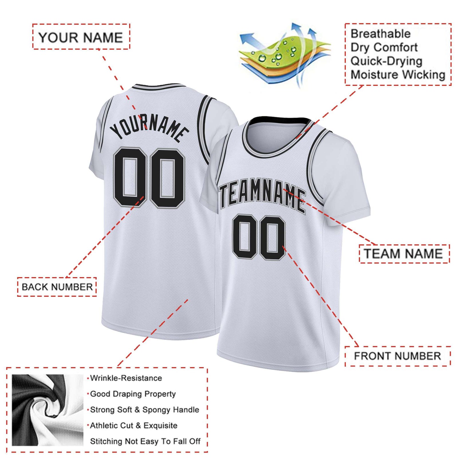 Custom White Black Classic Tops Basketball Jersey
