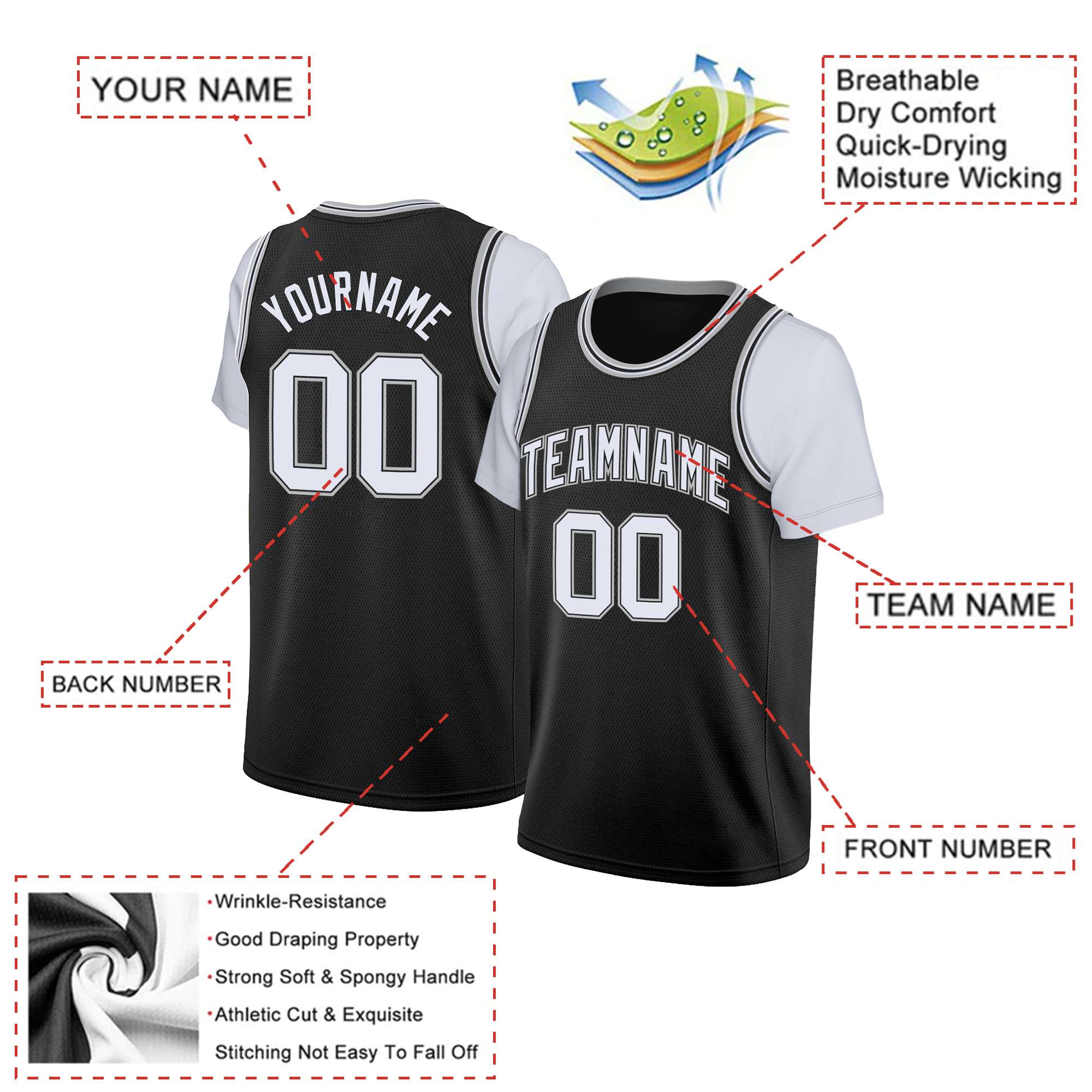 Custom Black White Classic Tops Basketball Jersey