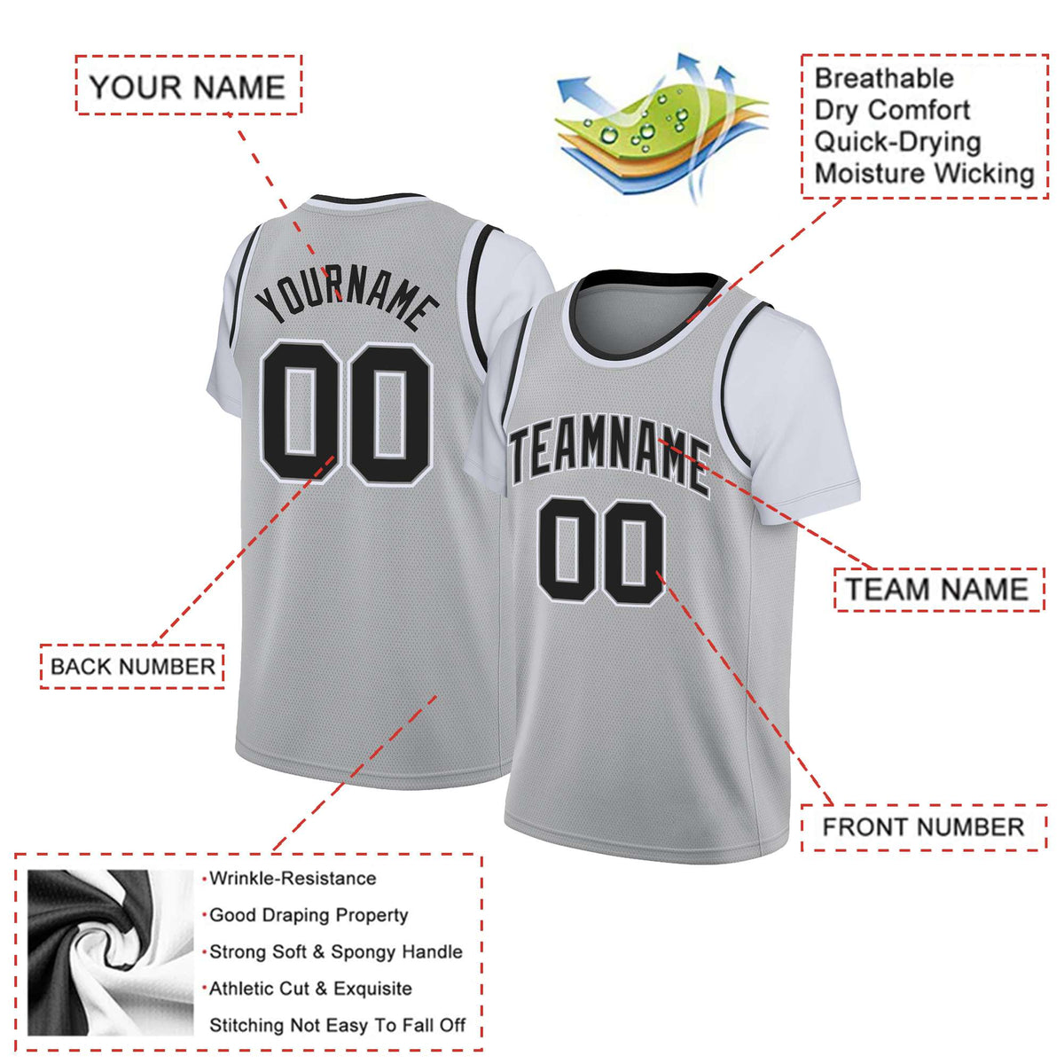 Custom Gray Black Classic Tops Basketball Jersey