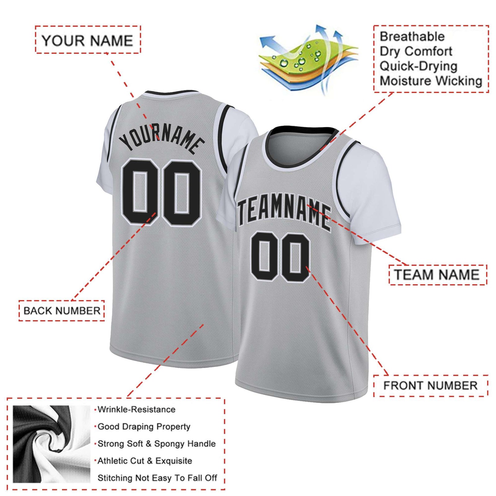 Custom Gray Black Classic Tops Basketball Jersey