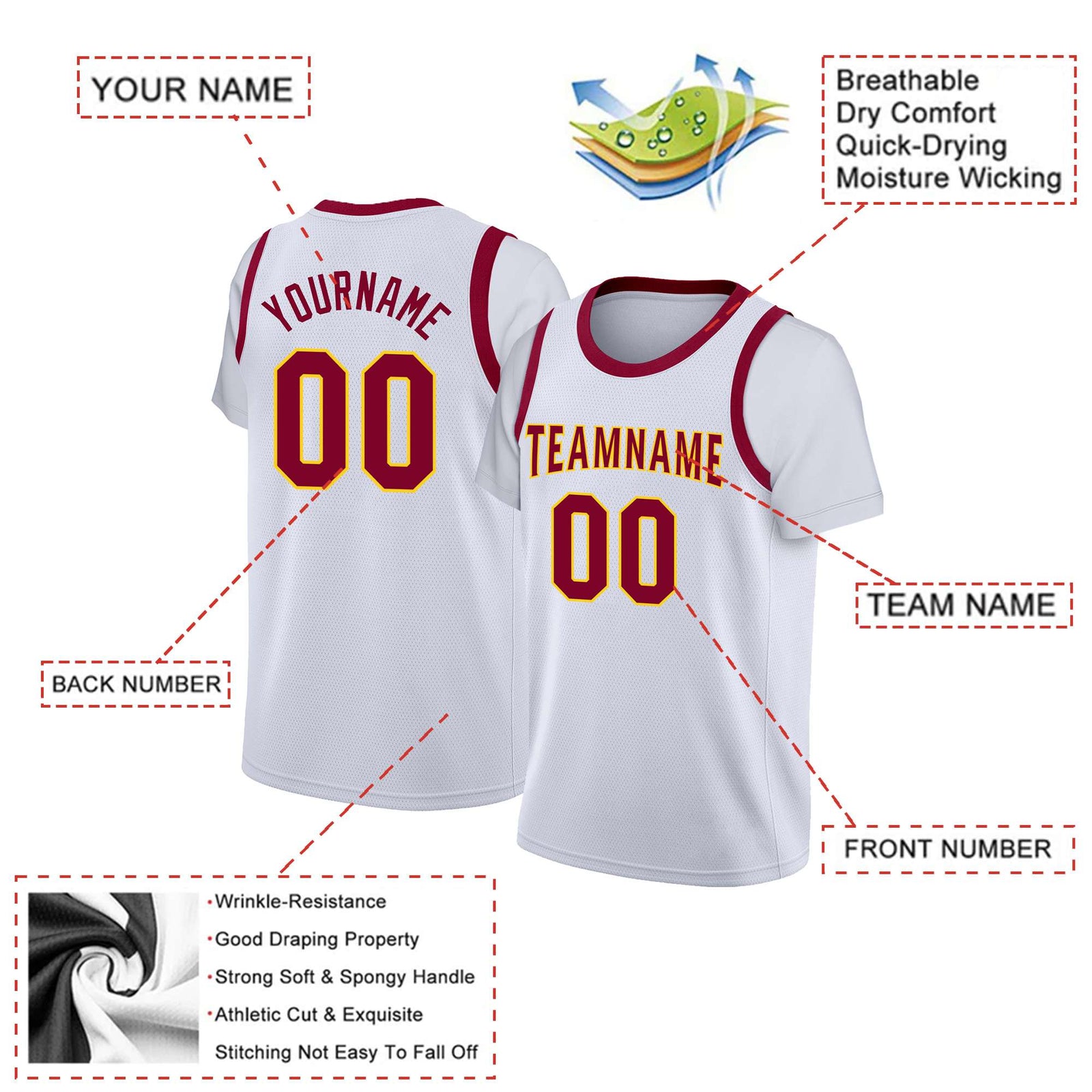 Custom White Red Classic Tops Basketball Jersey