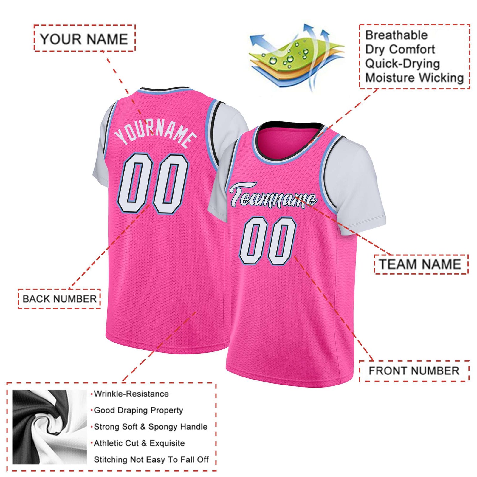 Custom Pink White Classic Tops Basketball Jersey