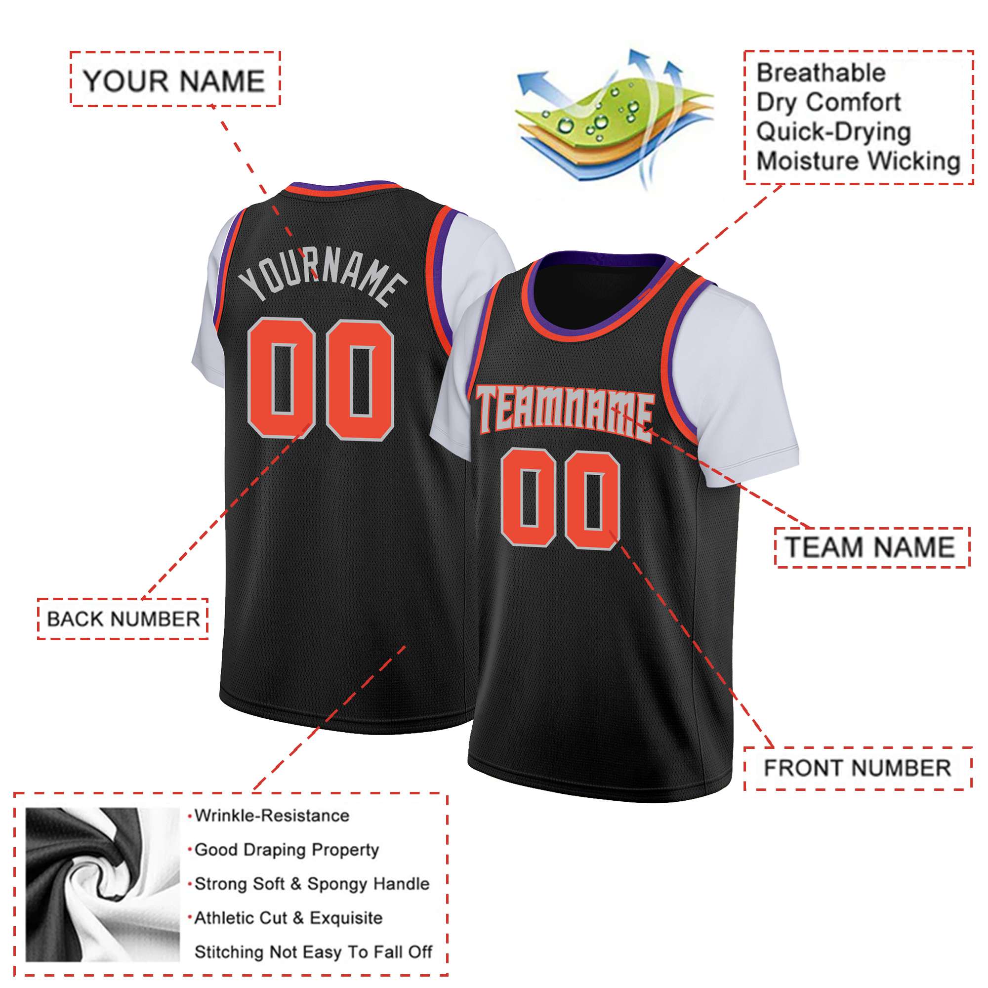 Custom Black Orange Classic Tops Basketball Jersey