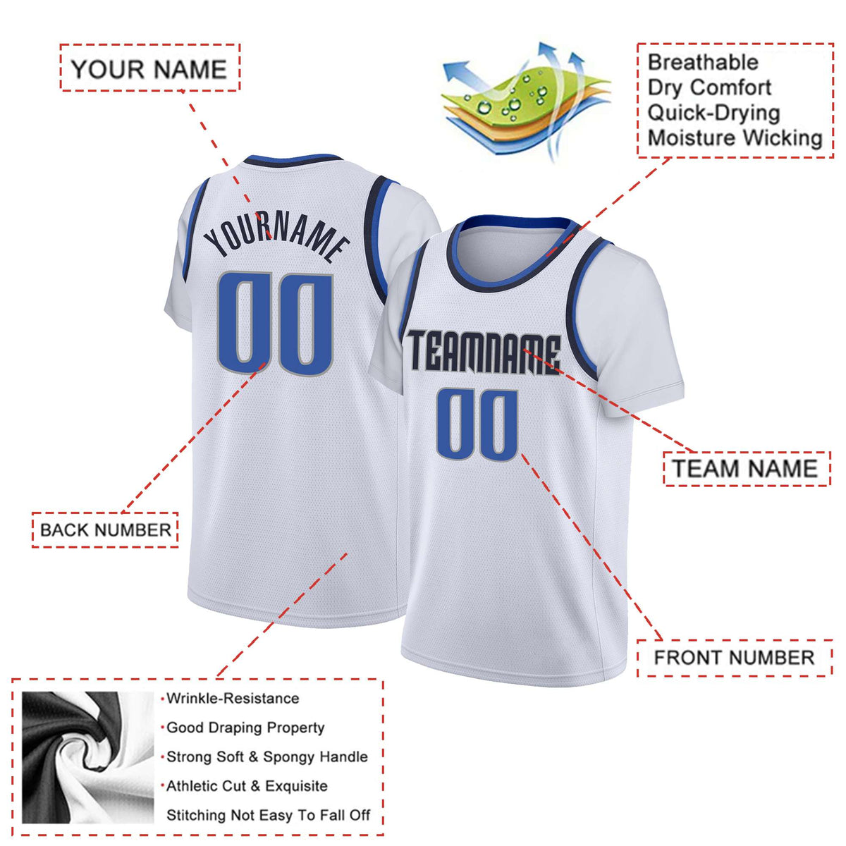 Custom White Blue Classic Tops Basketball Jersey