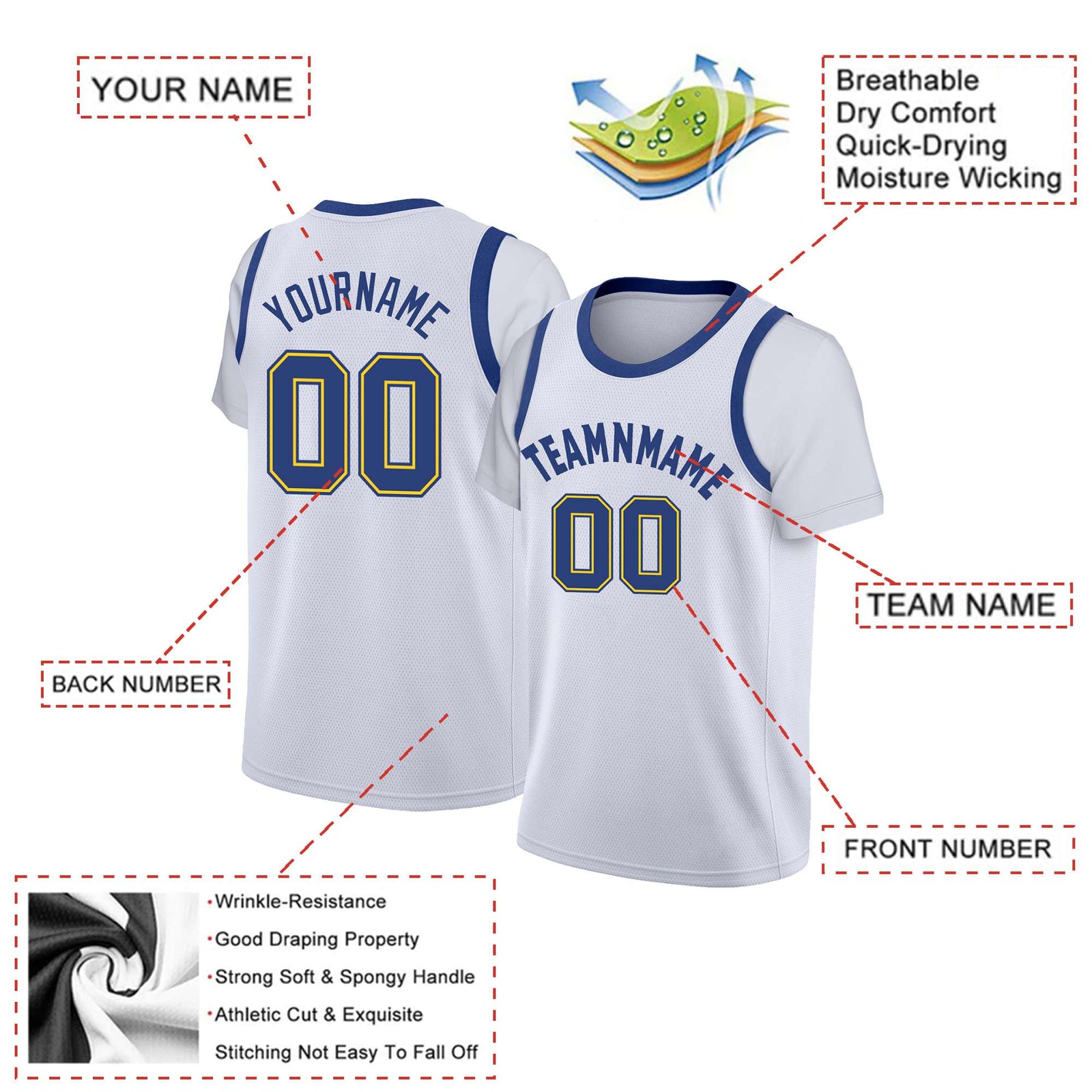 Custom White Blue Gold-2 Classic Tops Basketball Jersey