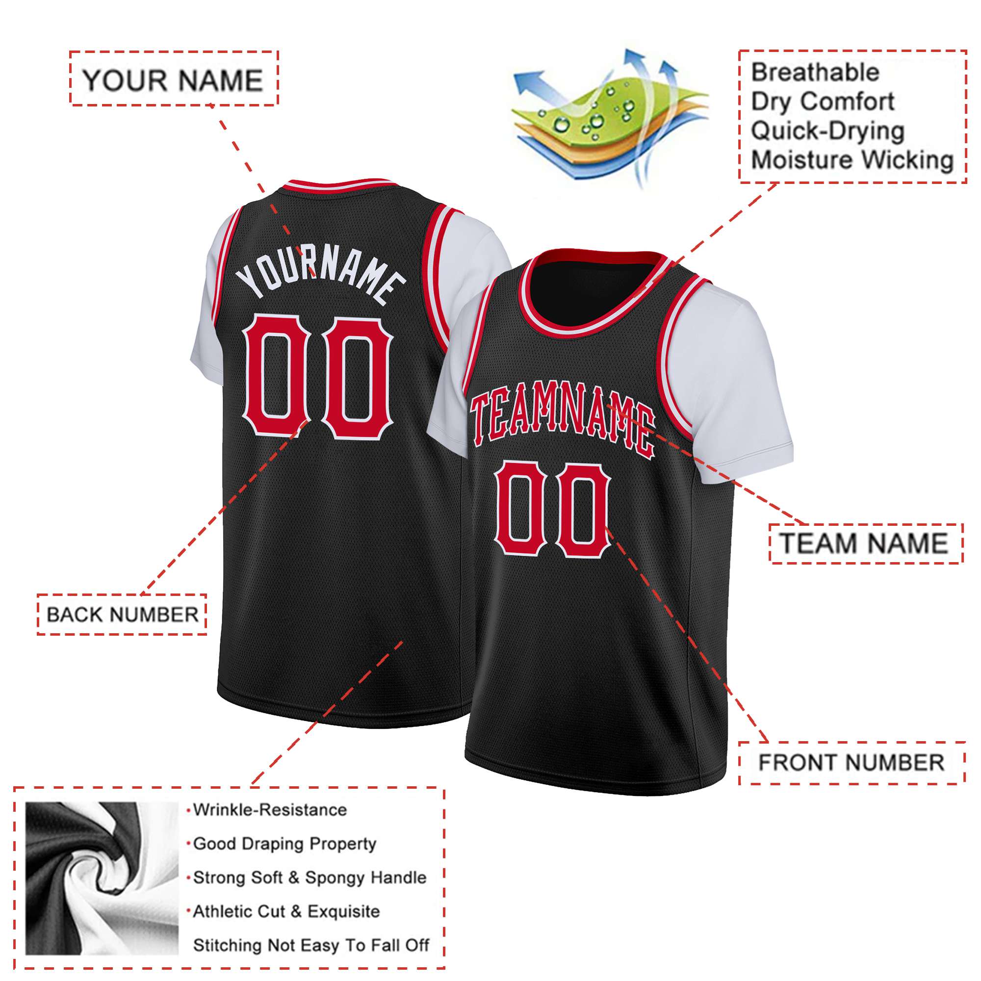 Custom Black Red Classic Tops Basketball Jersey