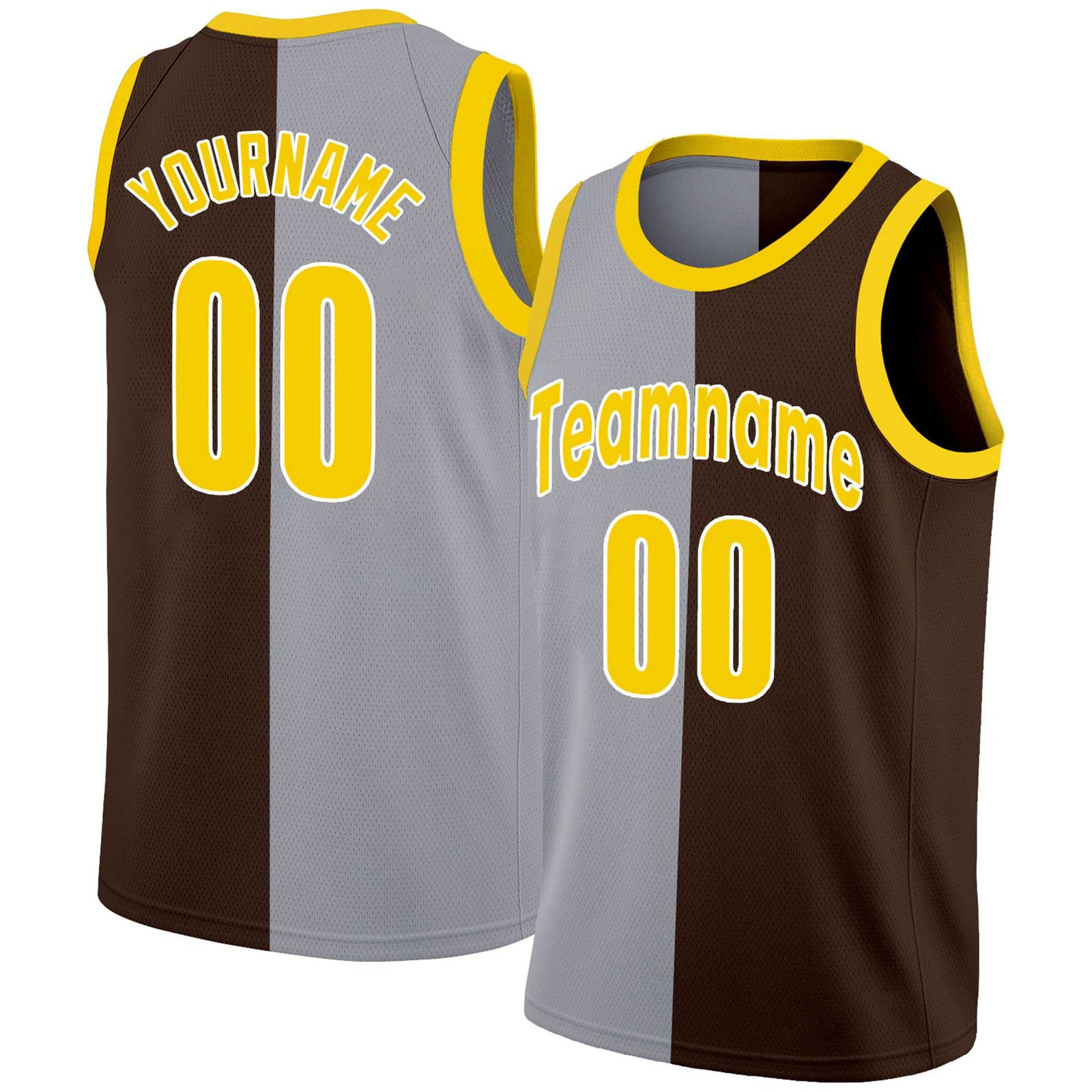 Custom Brown Yellow-White Split Fashion Tops Basketball Jersey