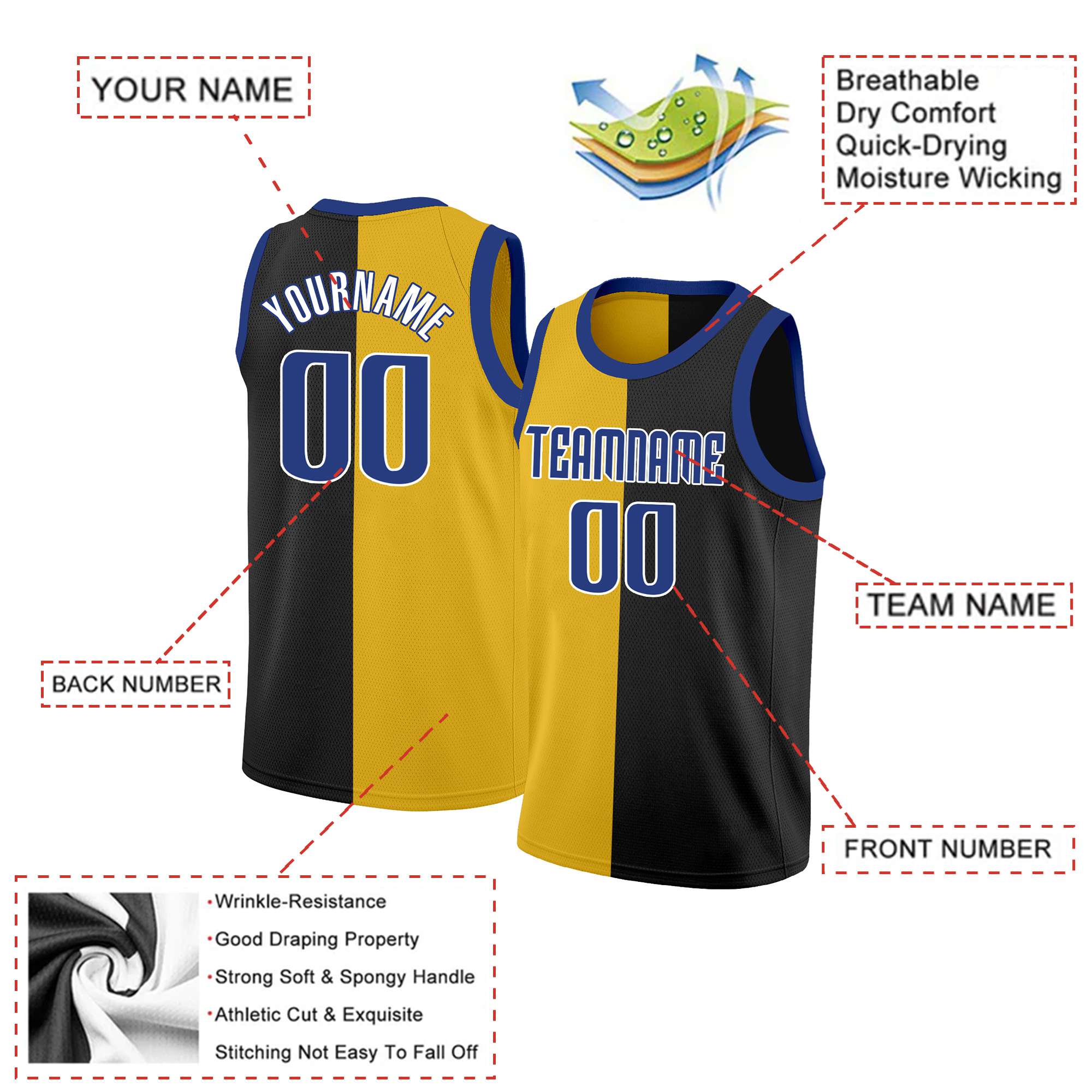 Custom Black Blue-White Split Fashion Tops Basketball Jersey