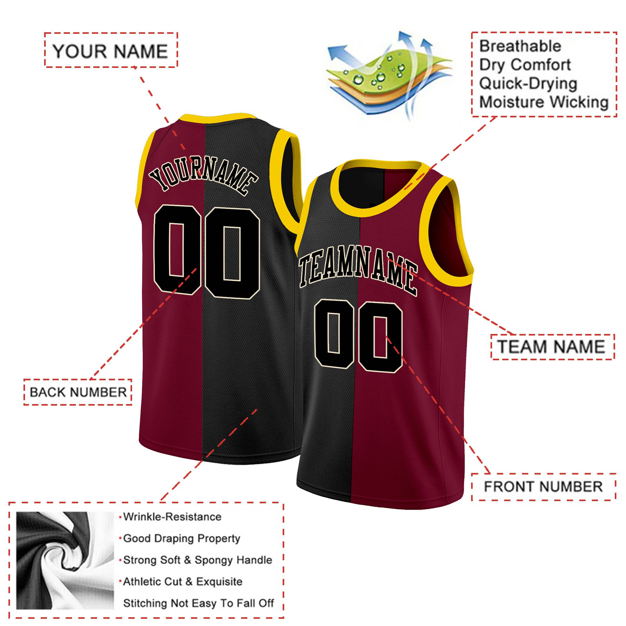 Custom Maroon Black-White Split Fashion Tops Basketball Jersey