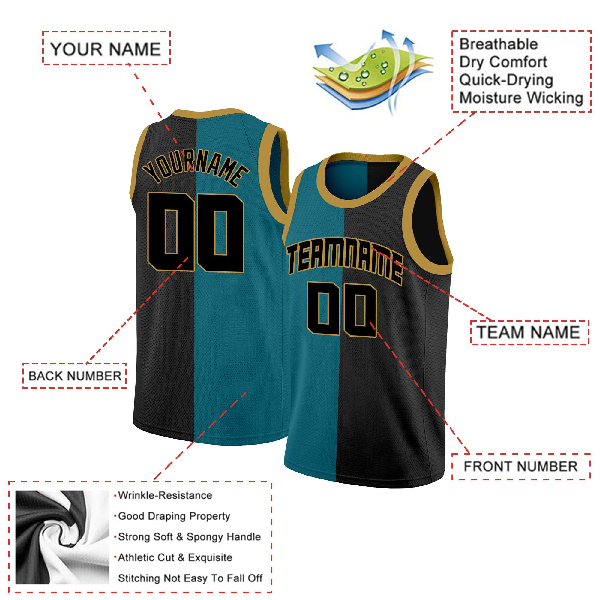 Custom Black Black-Gold Split Fashion Tops Basketball Jersey