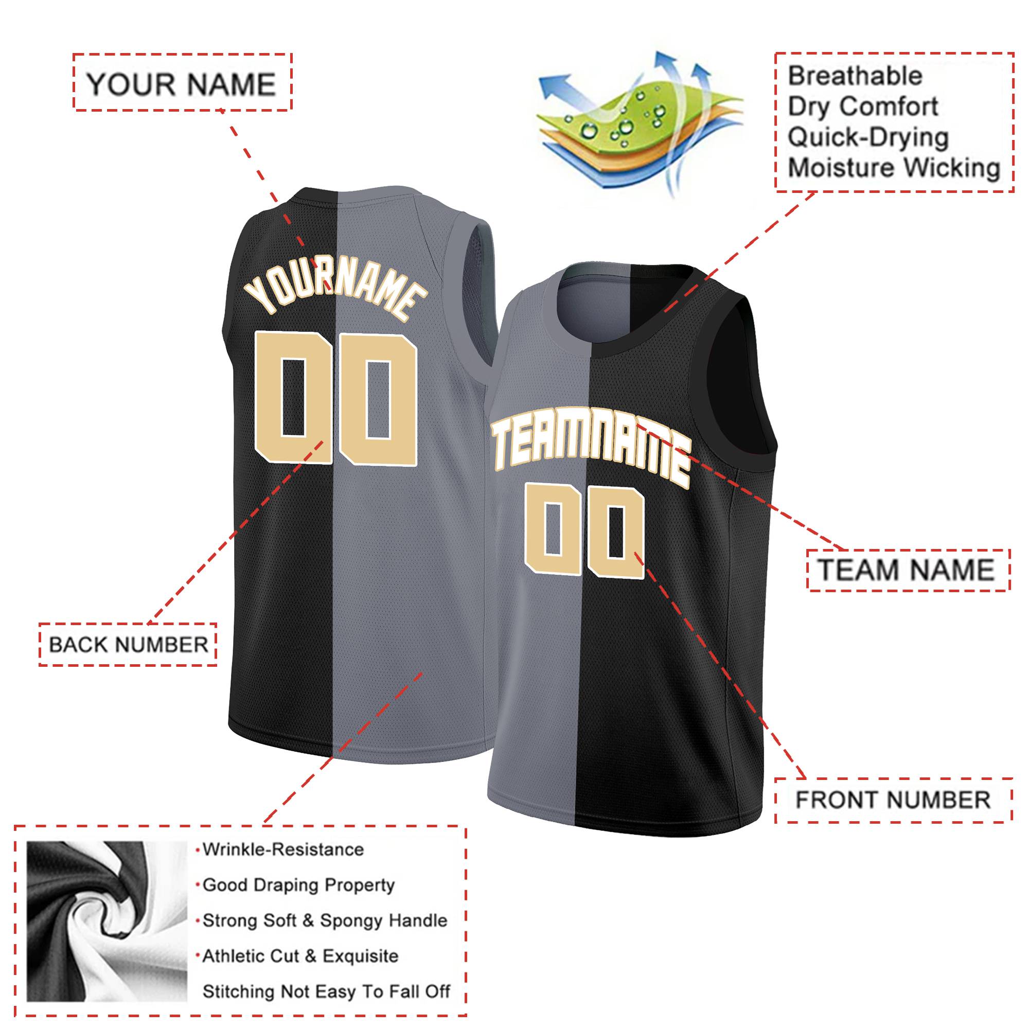 Custom Black Gold-White Split Fashion Tops Basketball Jersey