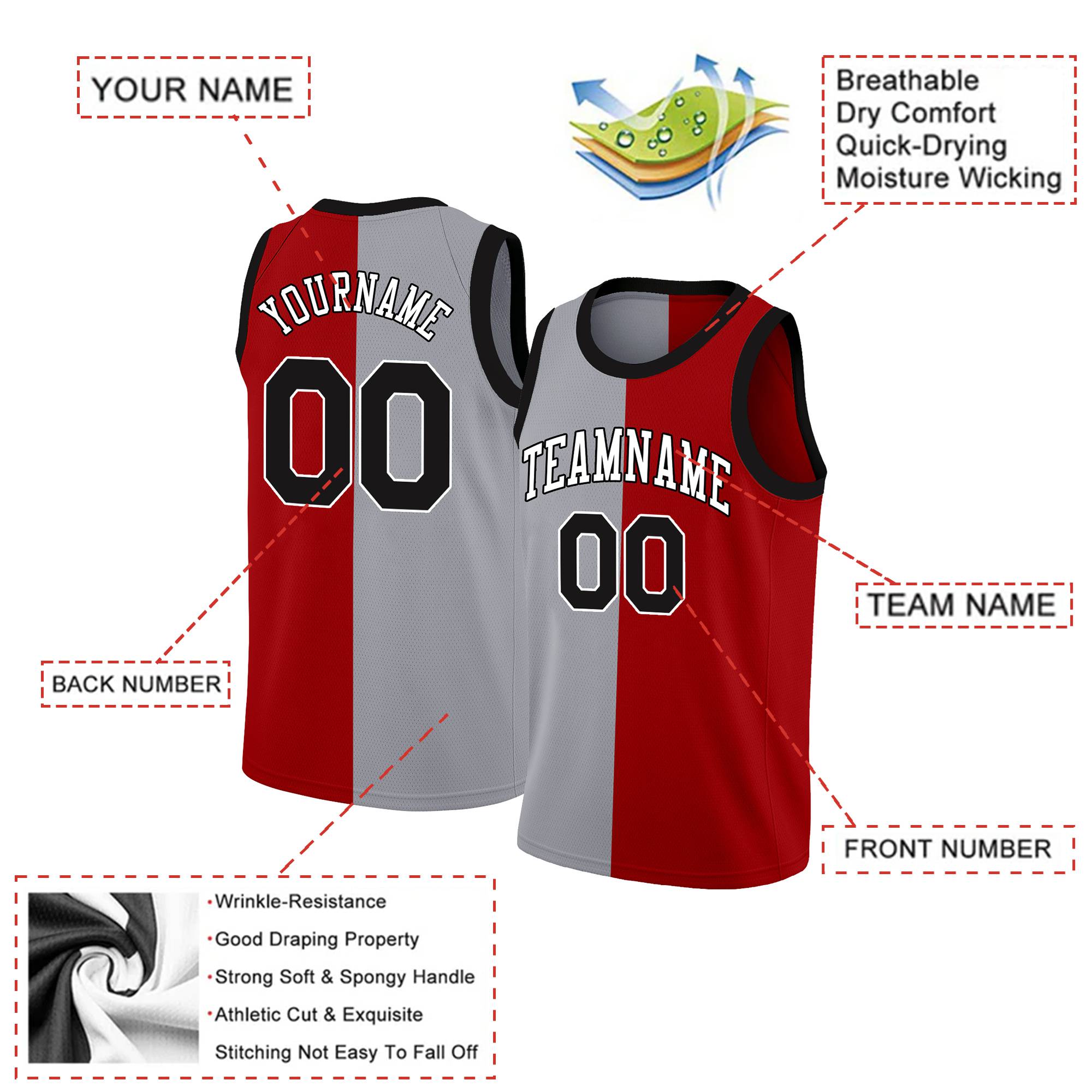 Custom Red Black-White Split Fashion Tops Basketball Jersey