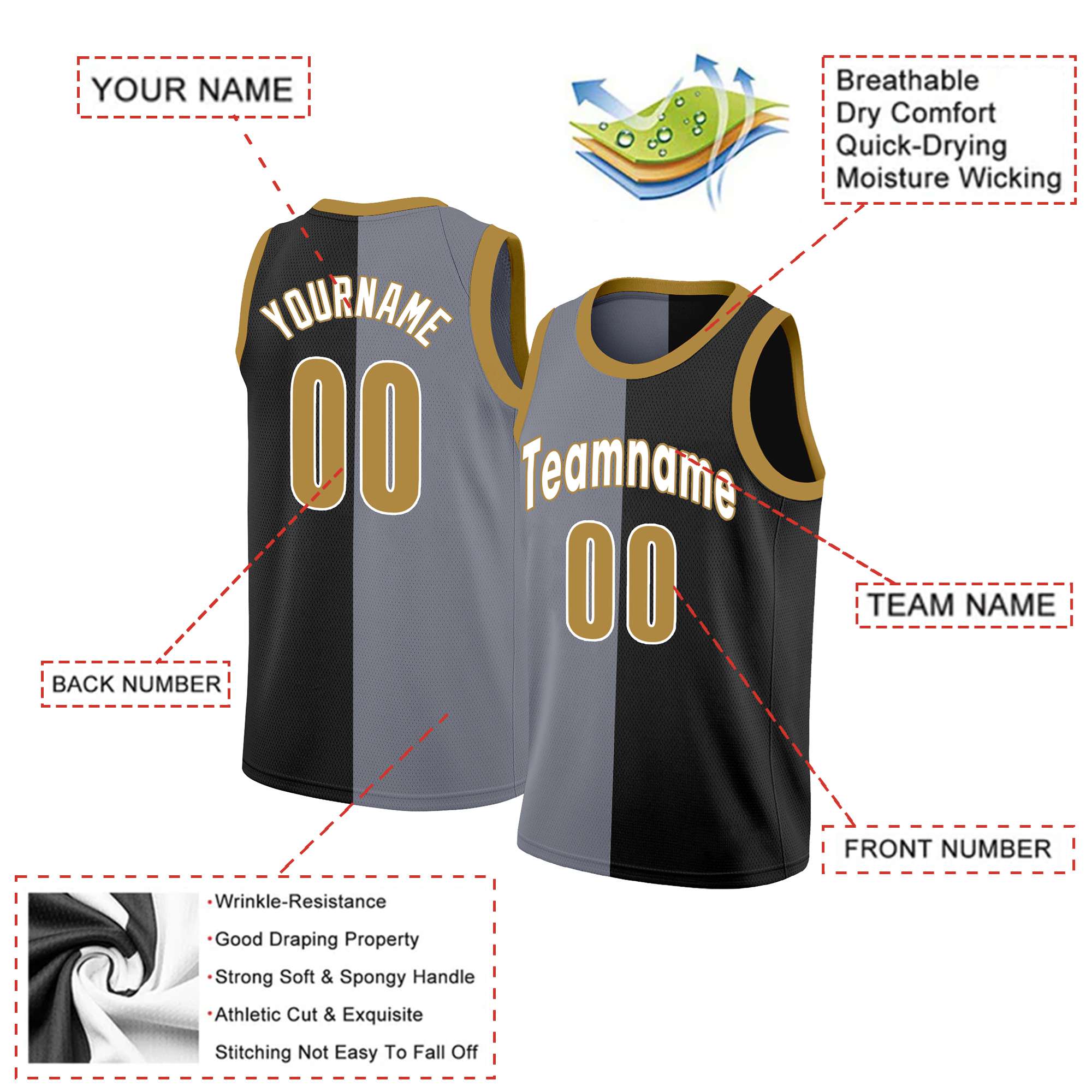 Custom Black Gold-1 White Split Fashion Tops Basketball Jersey