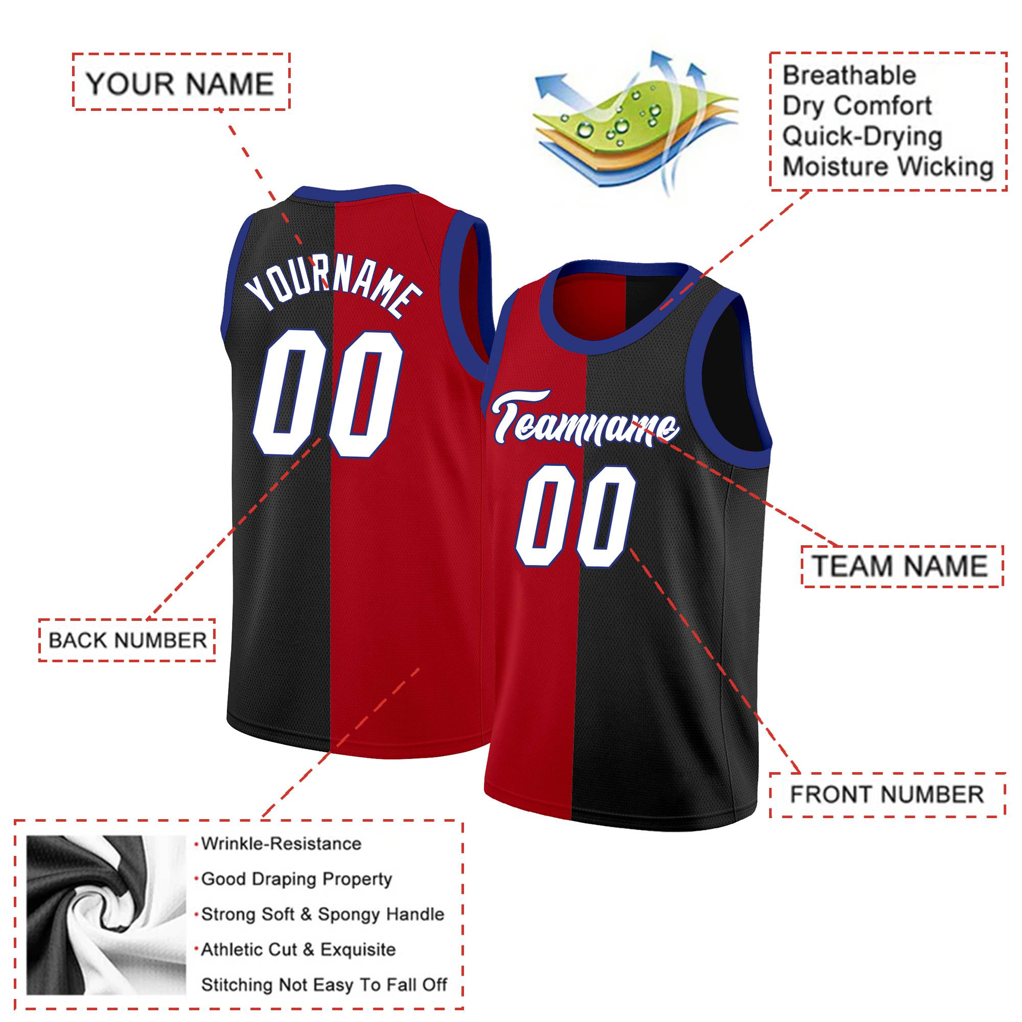 Custom Black White-Blue Split Fashion Tops Basketball Jersey